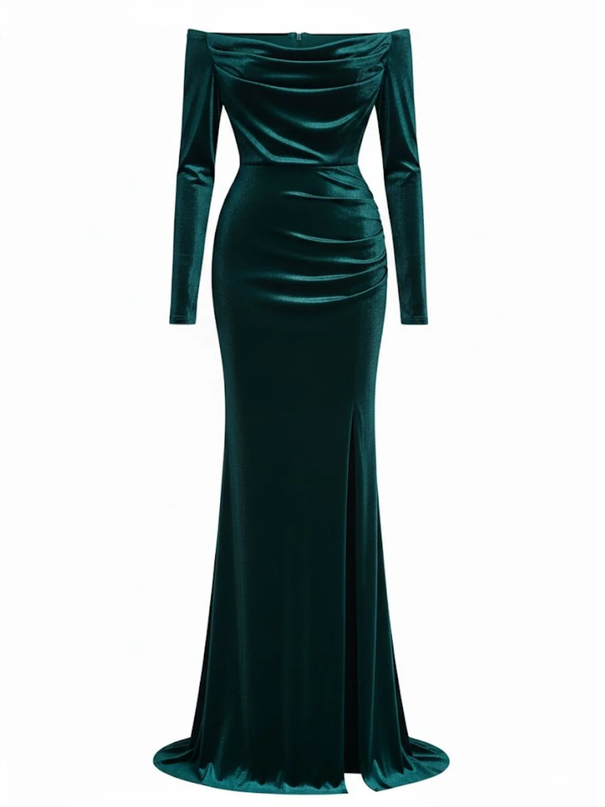 1930s Velvet Off-Shoulder Ruched Side-Slit Dress - Image 2