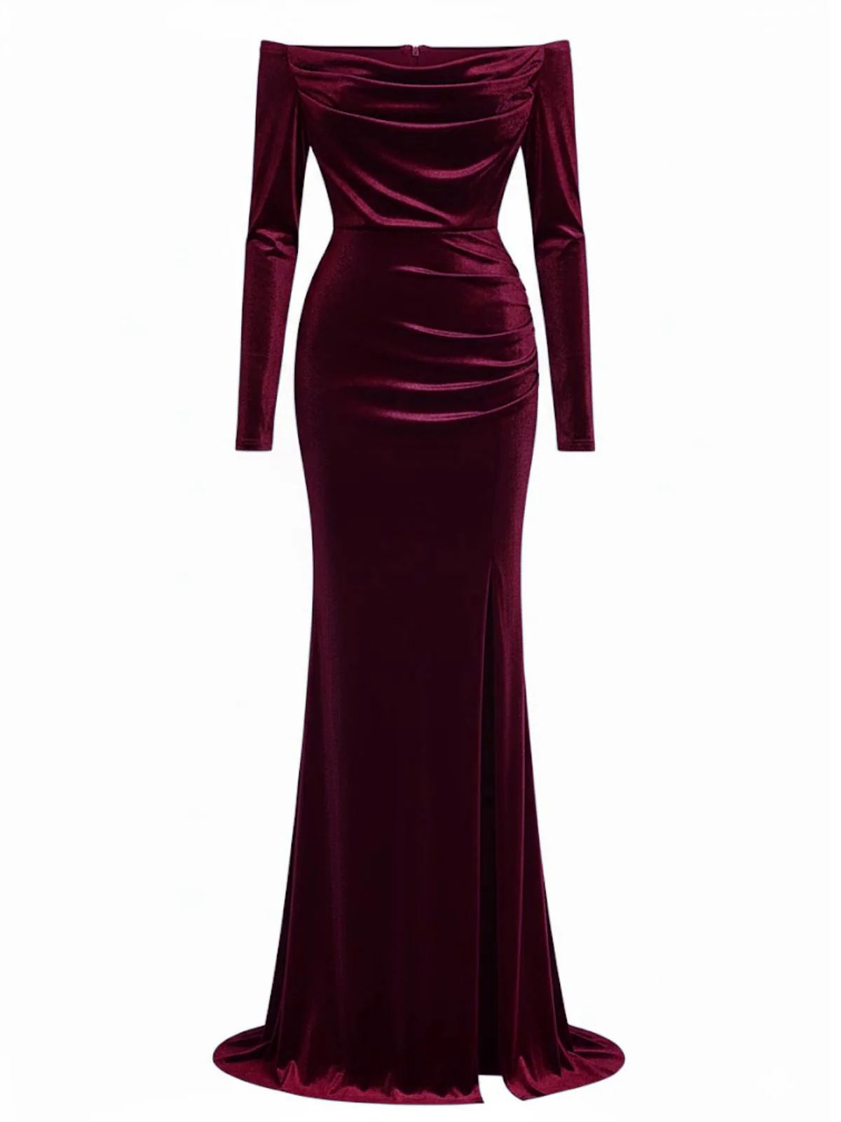 1930s Velvet Off-Shoulder Ruched Side-Slit Dress - Image 8