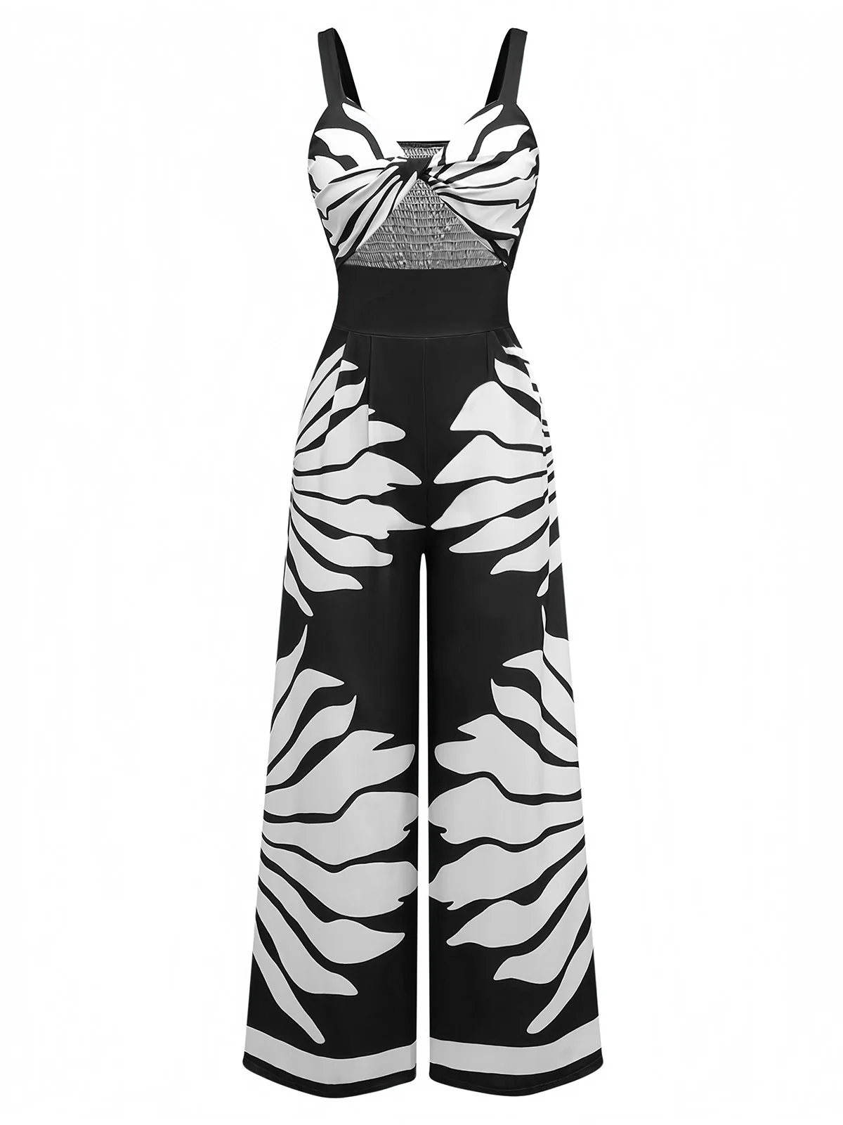 1930s Wide-Strap Hollow Twist Smocked Floral Jumpsuit - Image 6
