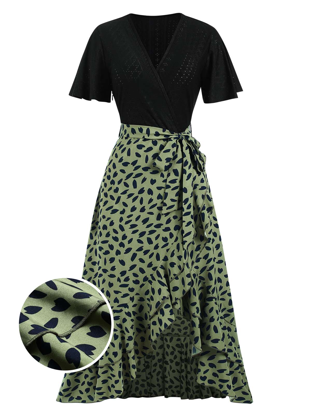 1930s Wrap V-Neck Patchwork Ruffle Dress - Image 2