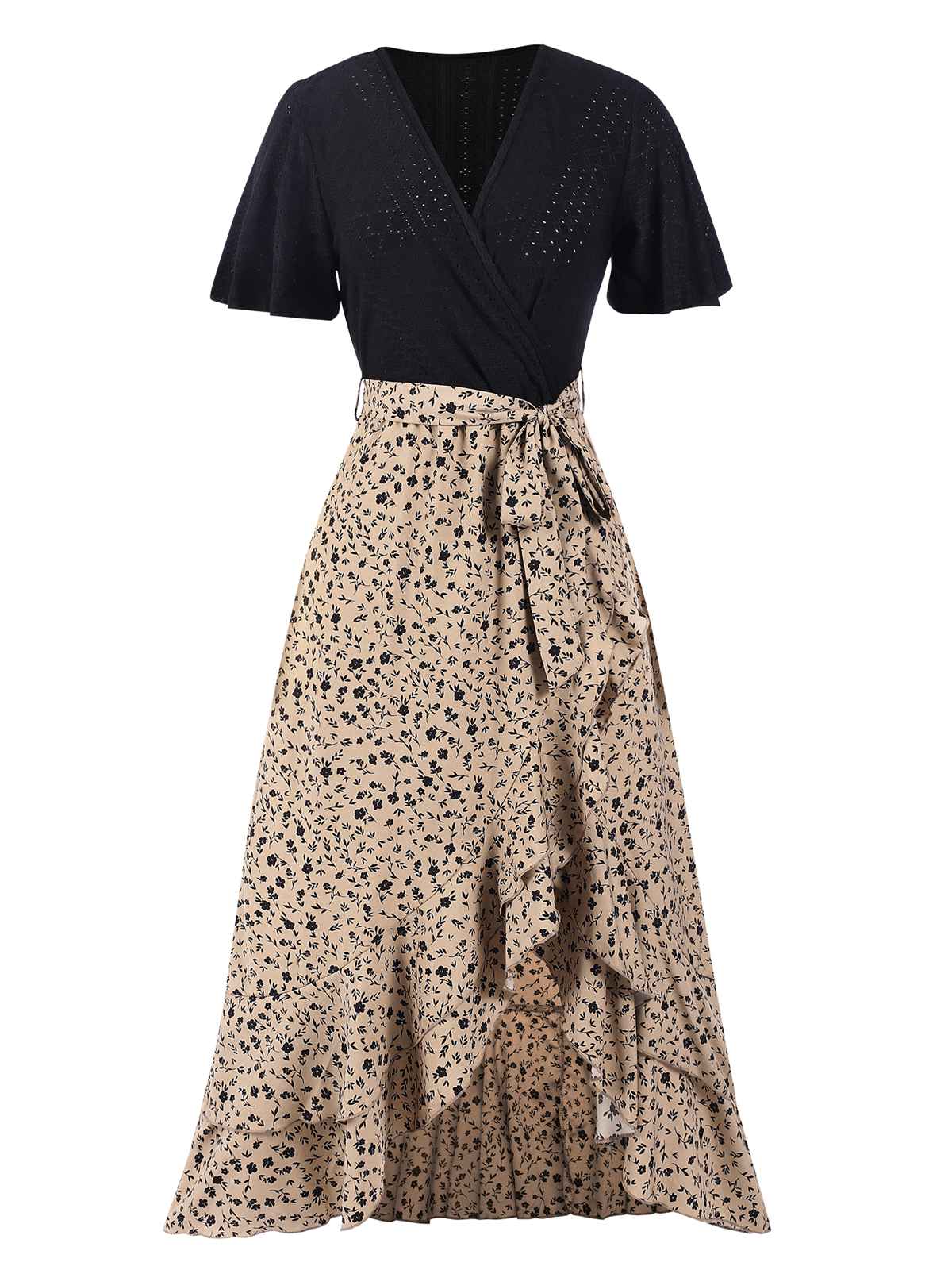 1930s Wrap V-Neck Patchwork Ruffle Dress - Image 3