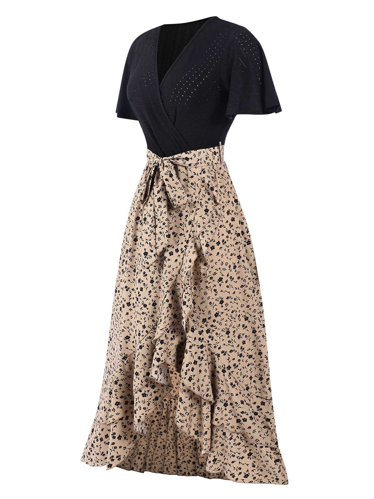 1930s Wrap V-Neck Patchwork Ruffle Dress - Image 5