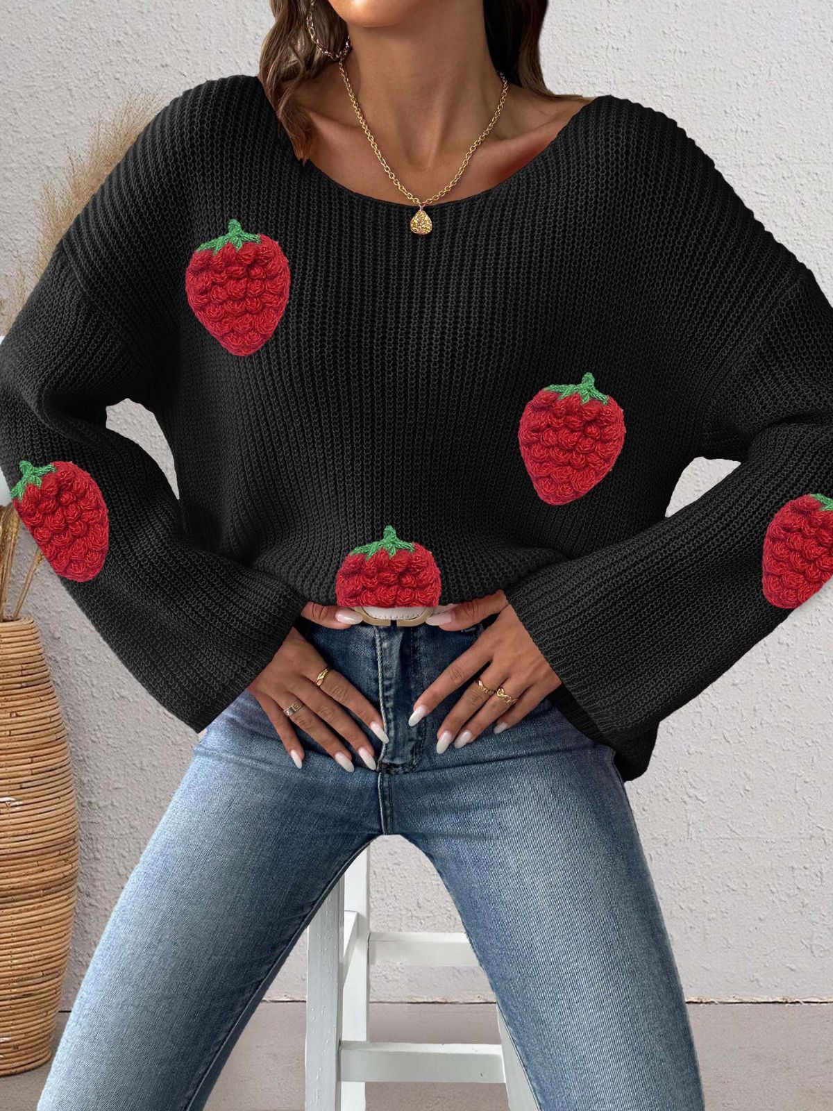 1940s 3D Strawberry Surplice Patchwork Sweater - Image 2