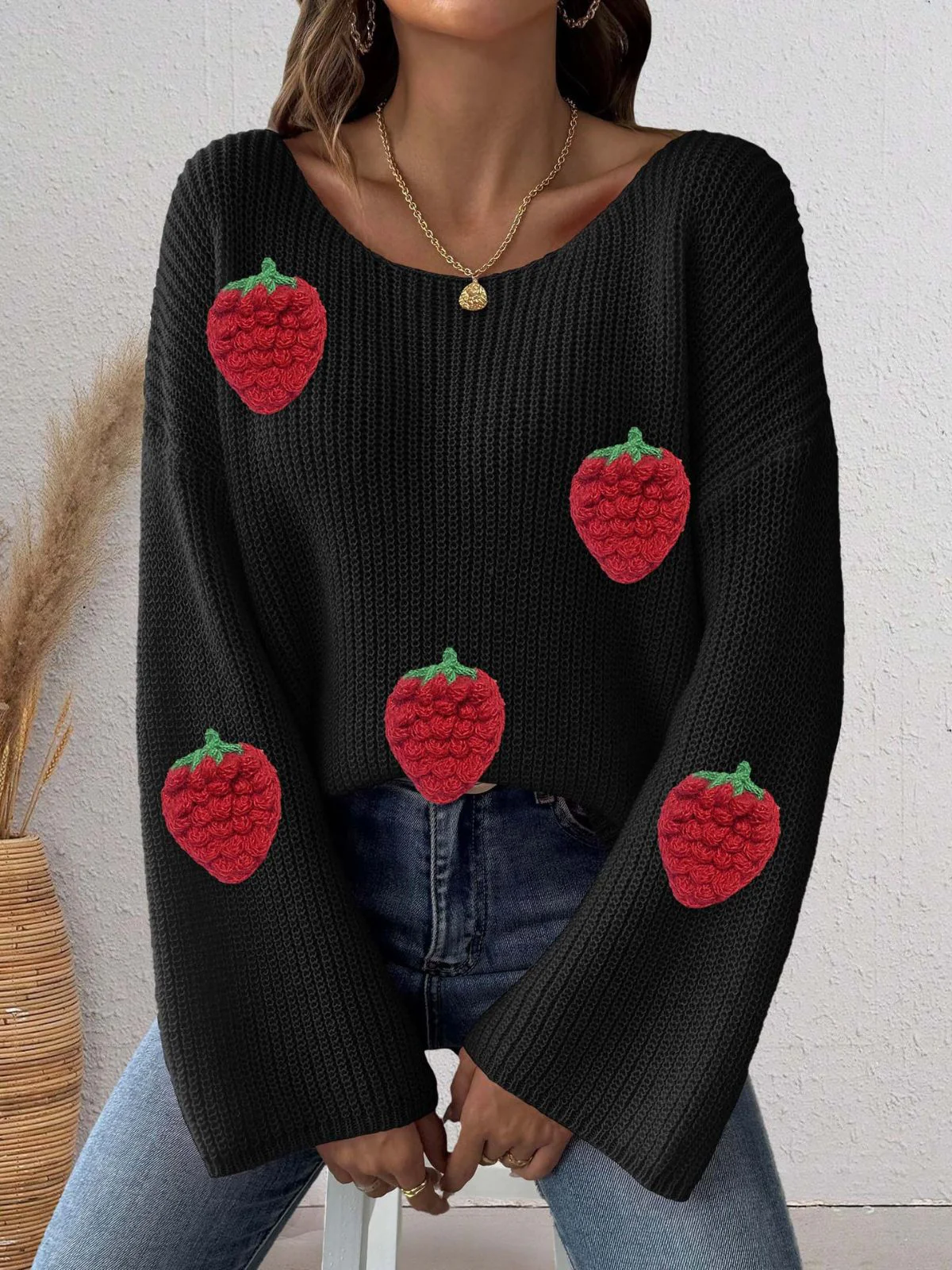 1940s 3D Strawberry Surplice Patchwork Sweater - Image 3