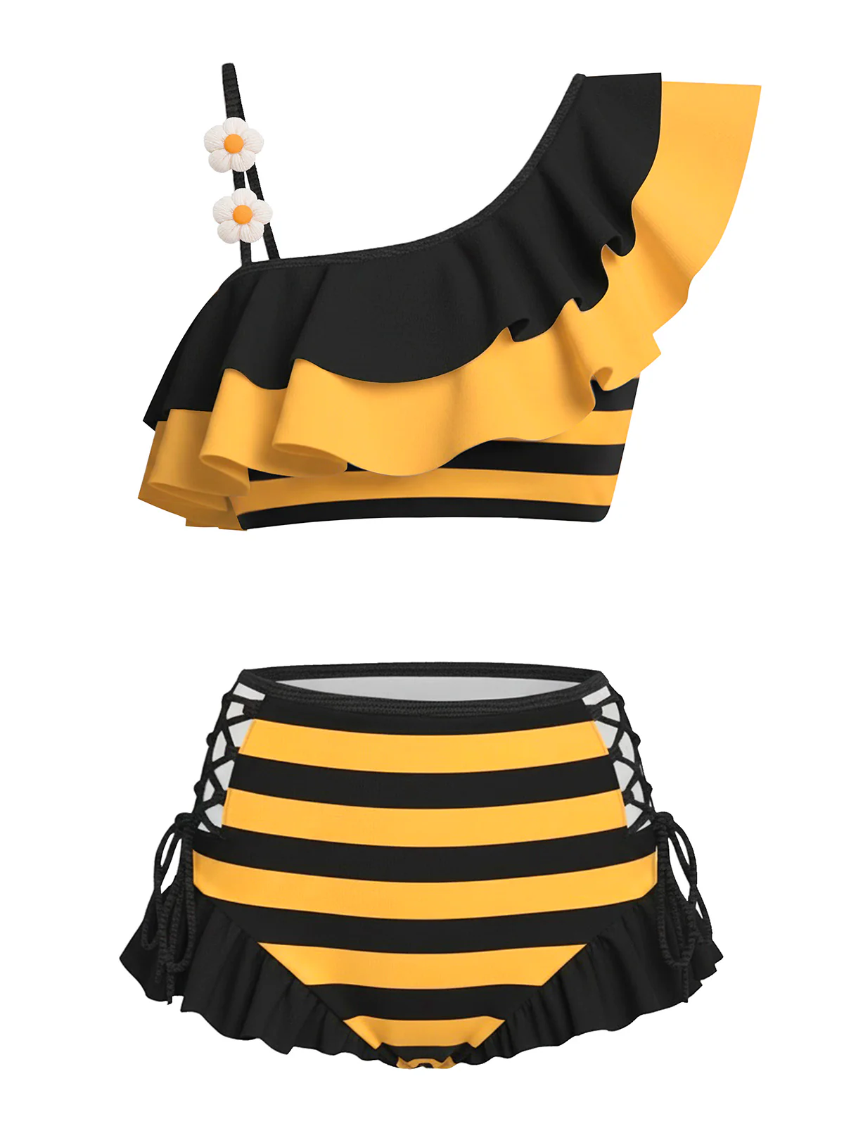 1940s Bee Stripes 3D Daisy Ruffle Bikini Set - Image 3