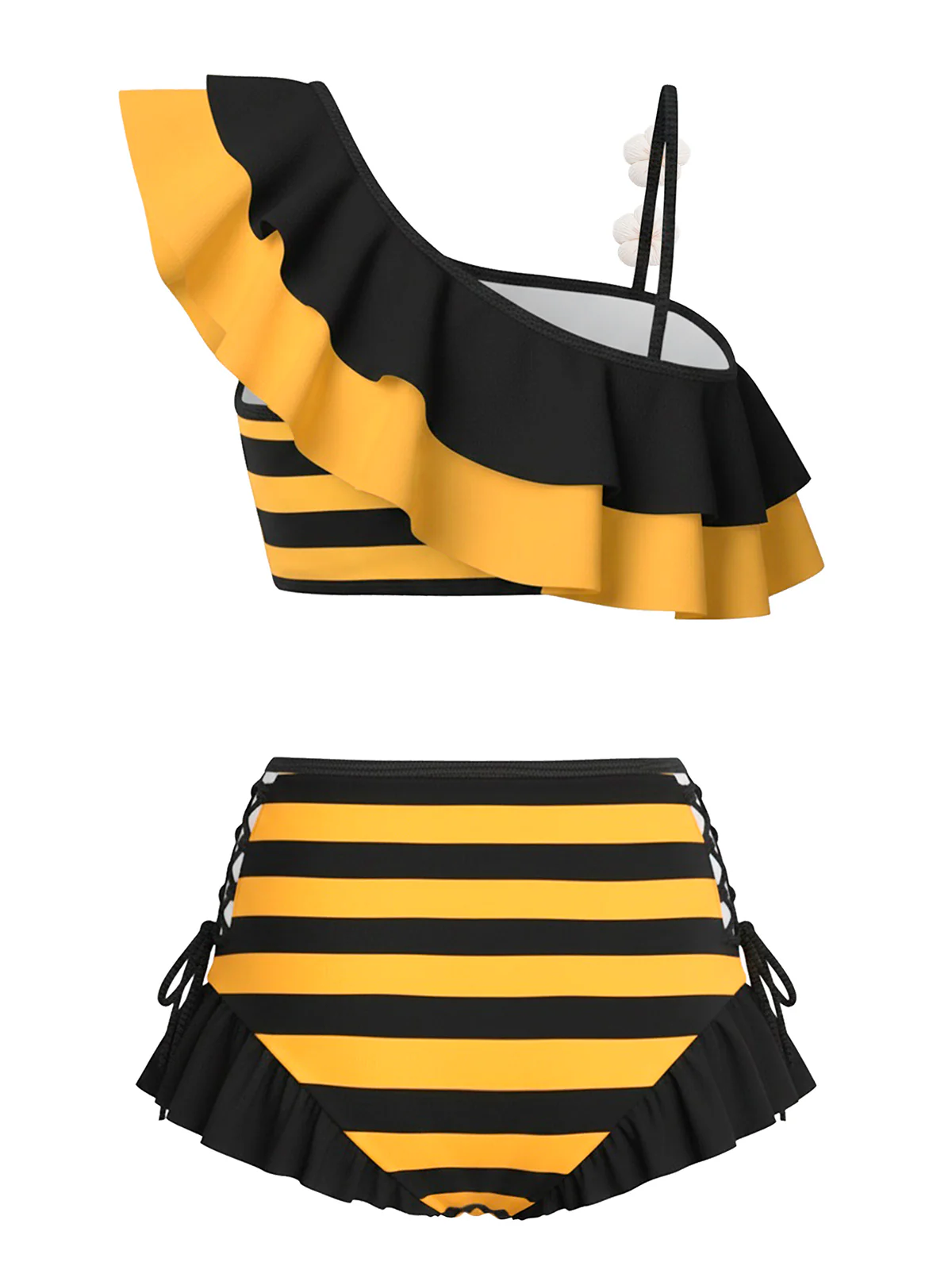 1940s Bee Stripes 3D Daisy Ruffle Bikini Set - Image 4