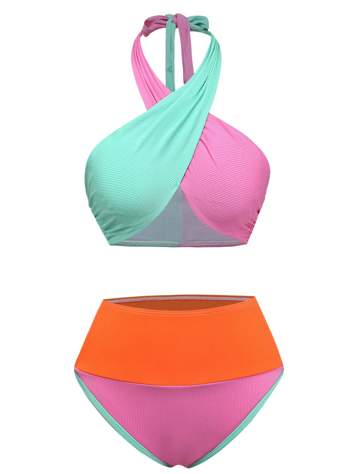1940s Color-Block Halter High-Waisted Bikini Set - Image 2