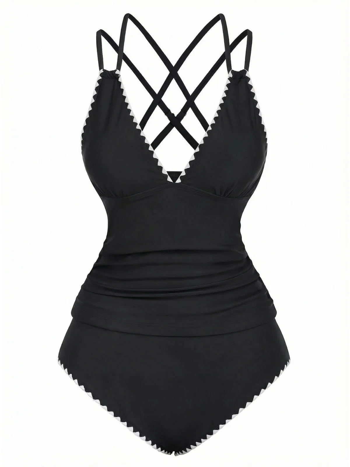 1940s Colorblock Deep V Crisscross Back Tankini Set - Image 6