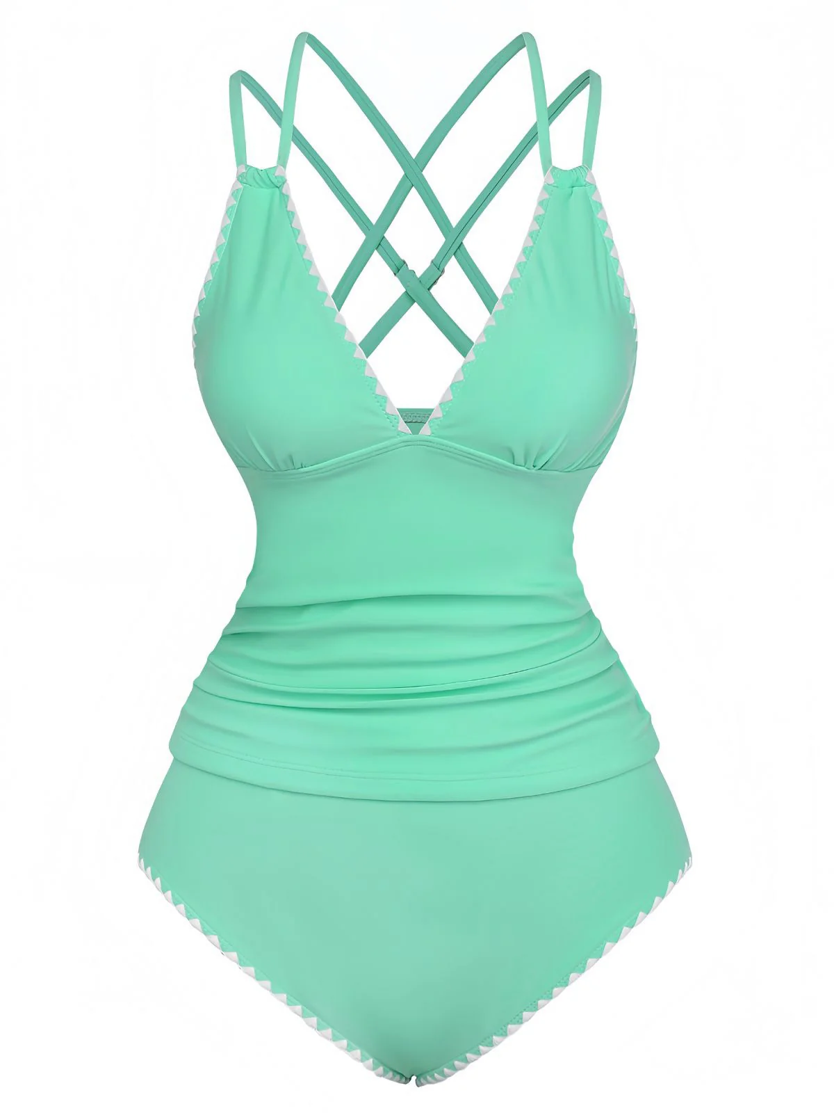 1940s Colorblock Deep V Crisscross Back Tankini Set - Image 14