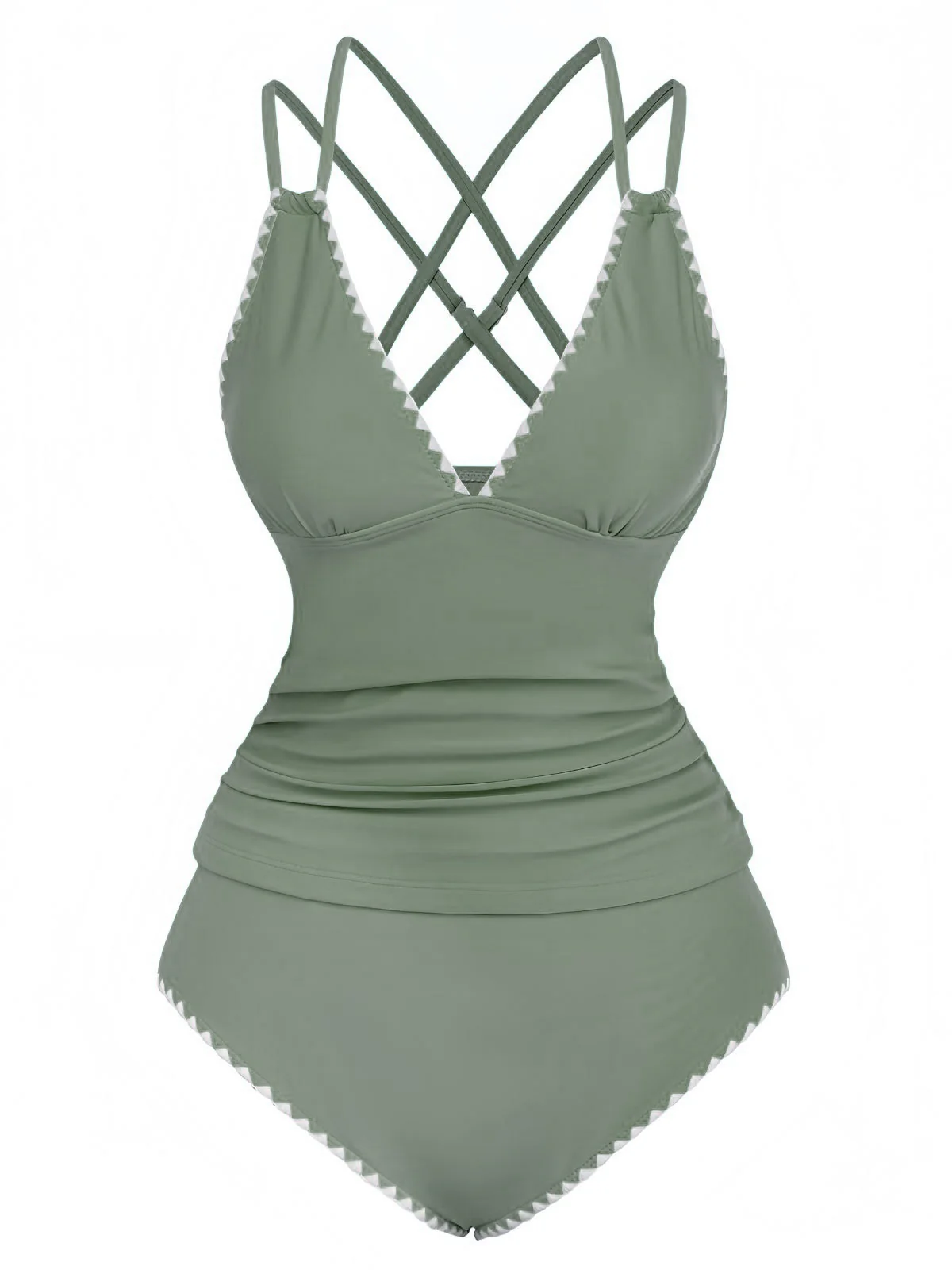 1940s Colorblock Deep V Crisscross Back Tankini Set - Image 2