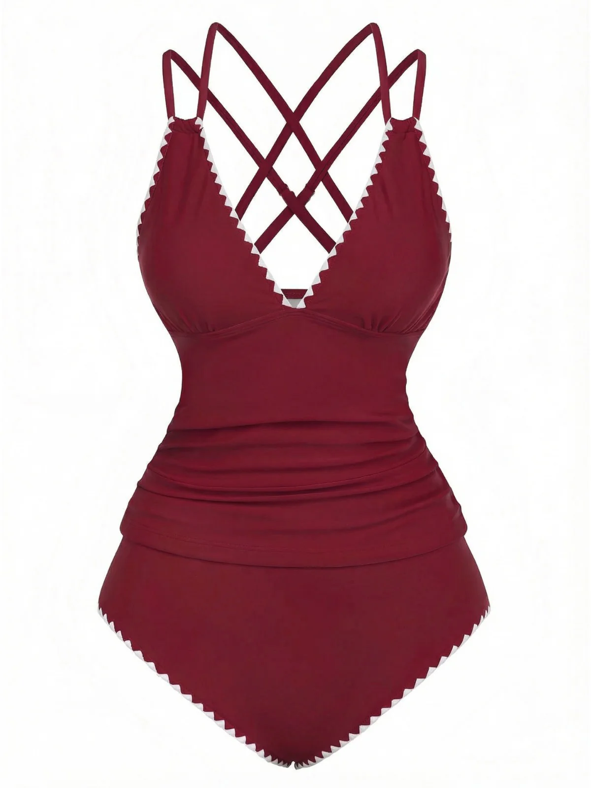 1940s Colorblock Deep V Crisscross Back Tankini Set - Image 4
