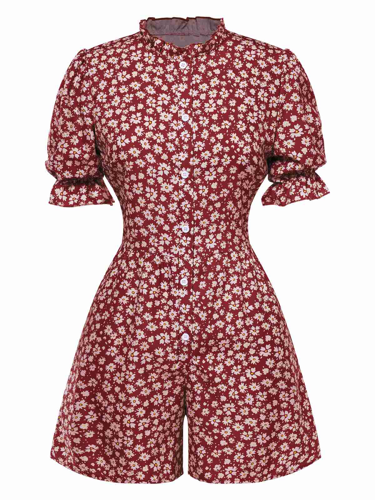 1940s Daisy Pleats Collar Puff Sleeves Romper - Image 3