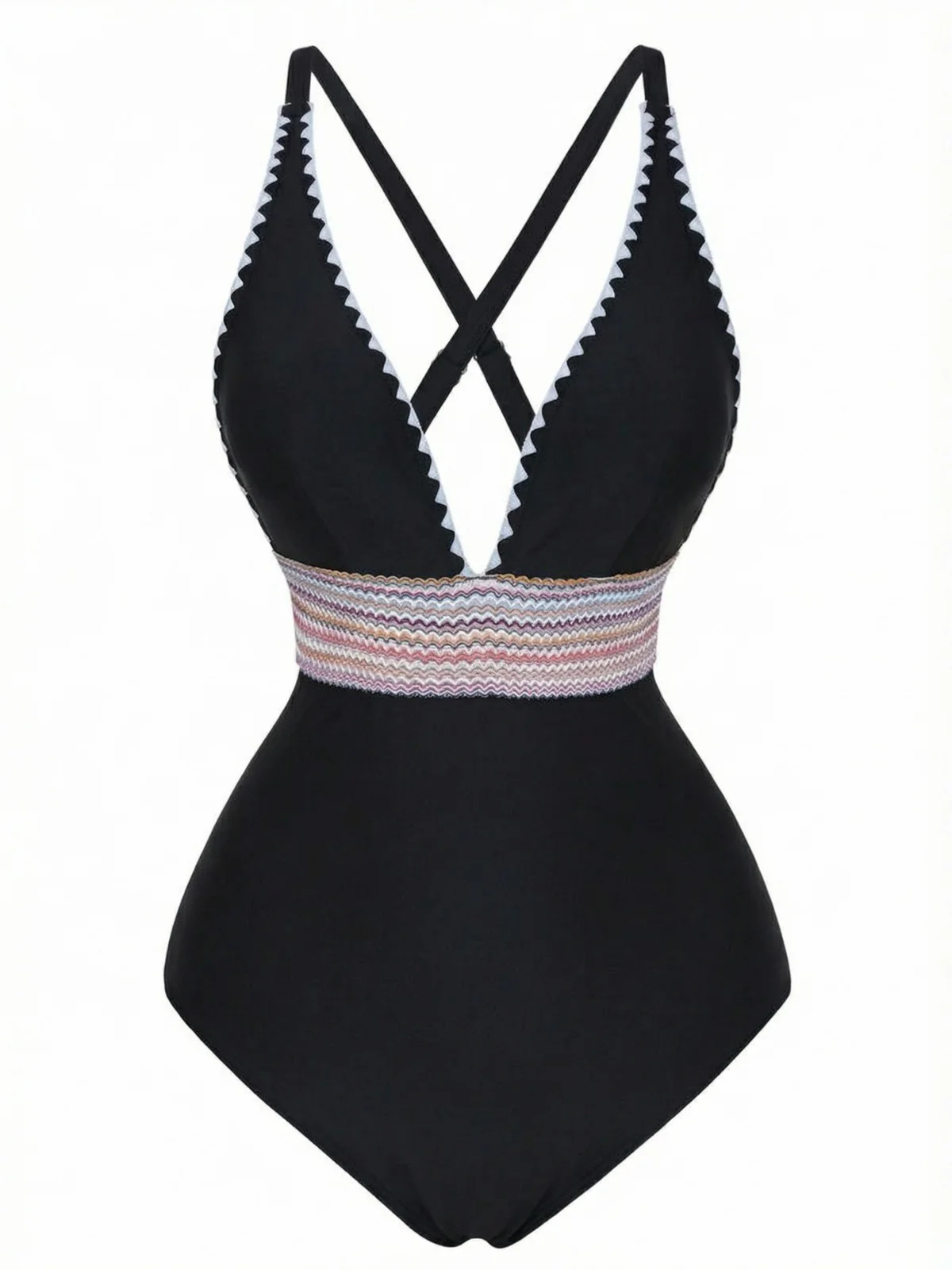1940s Deep V-Neck Wavy Patchwork One-Piece Swimsuit - Image 10