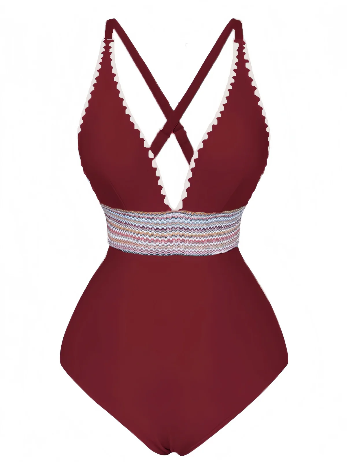 1940s Deep V-Neck Wavy Patchwork One-Piece Swimsuit - Image 14