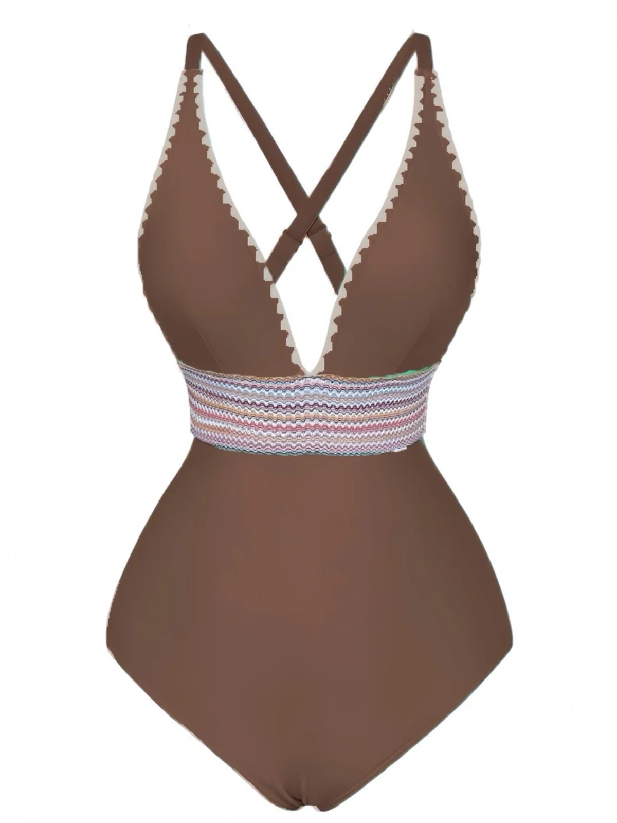 1940s Deep V-Neck Wavy Patchwork One-Piece Swimsuit - Image 16