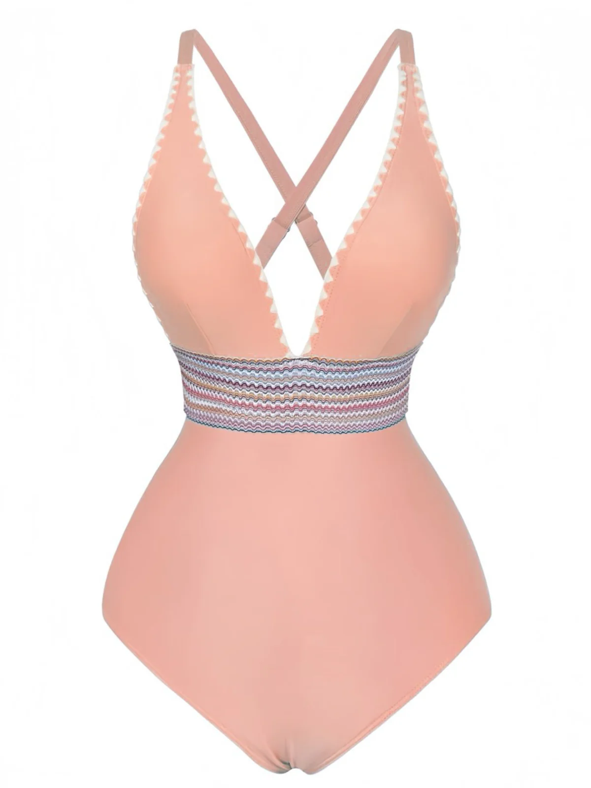 1940s Deep V-Neck Wavy Patchwork One-Piece Swimsuit - Image 18