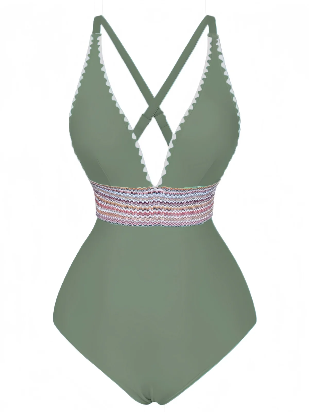 1940s Deep V-Neck Wavy Patchwork One-Piece Swimsuit - Image 2