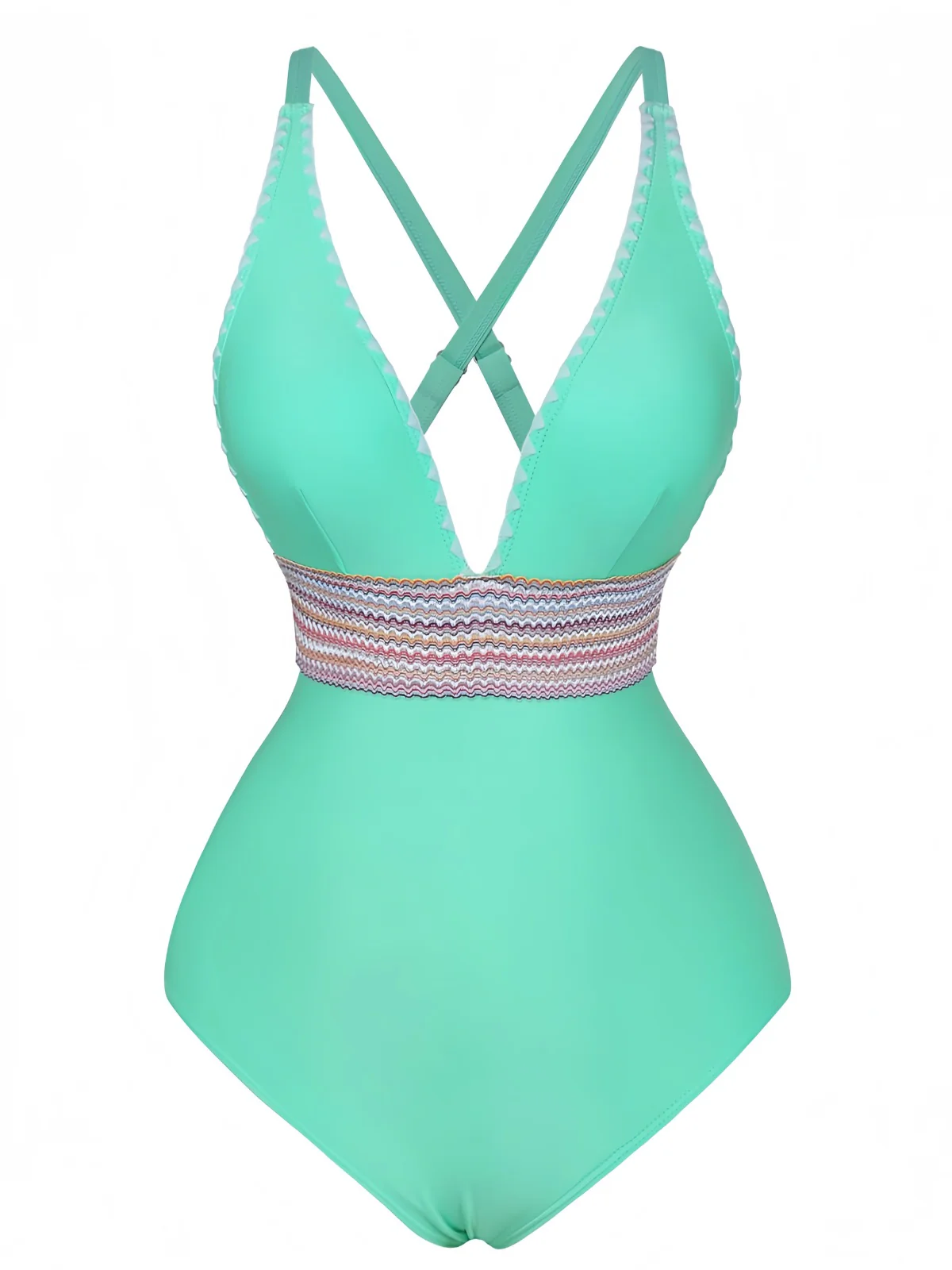 1940s Deep V-Neck Wavy Patchwork One-Piece Swimsuit - Image 4