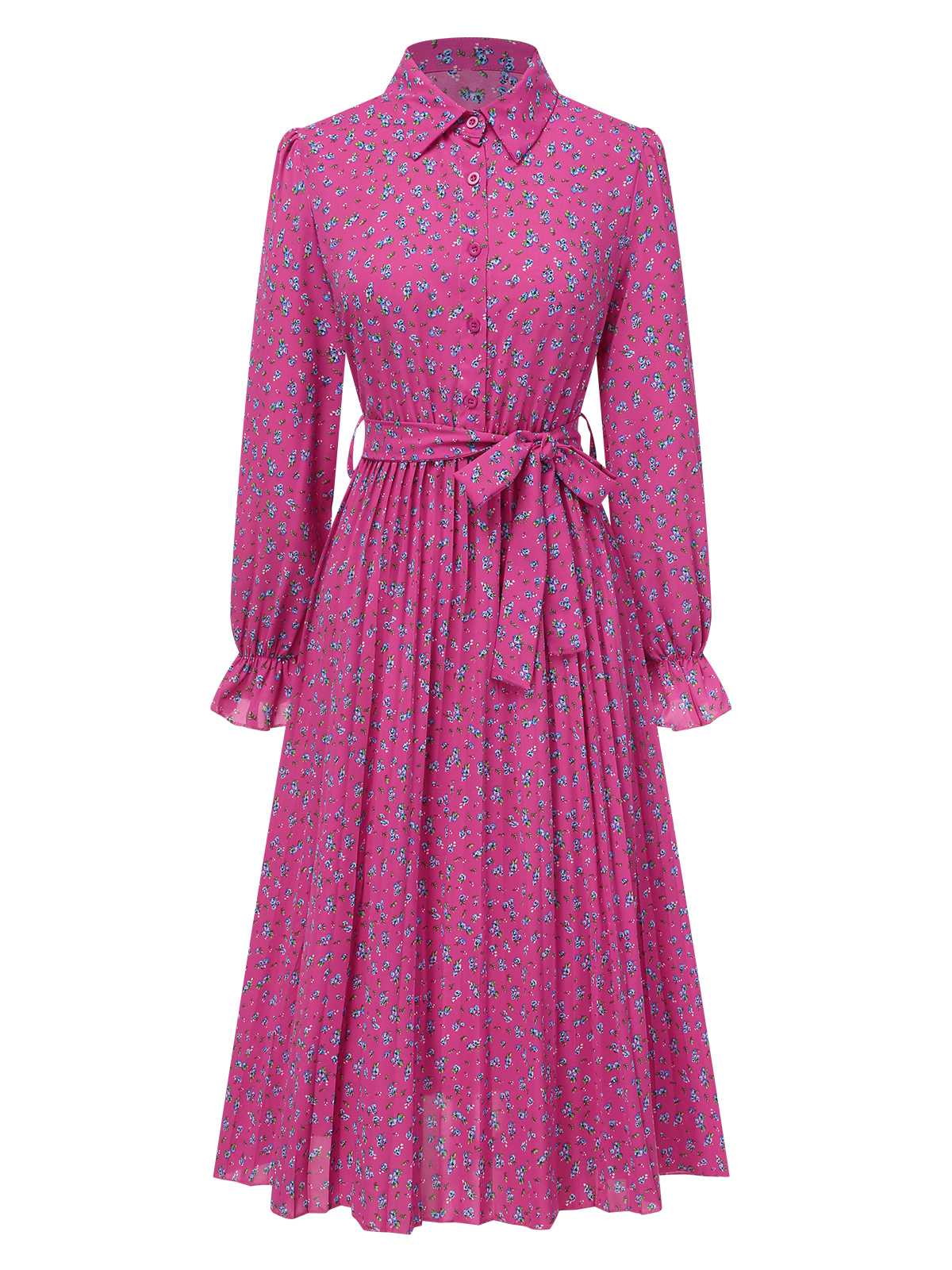 1940s Ditsy Floral Pleated Shirt Belted Dress - Image 5