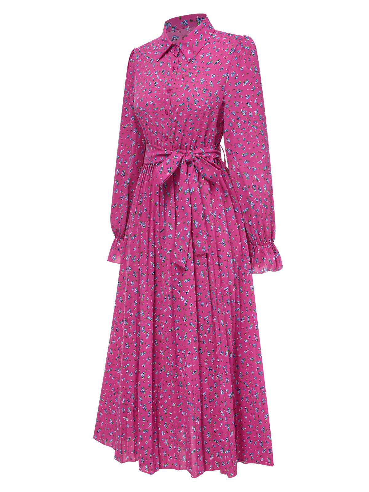1940s Ditsy Floral Pleated Shirt Belted Dress - Image 7