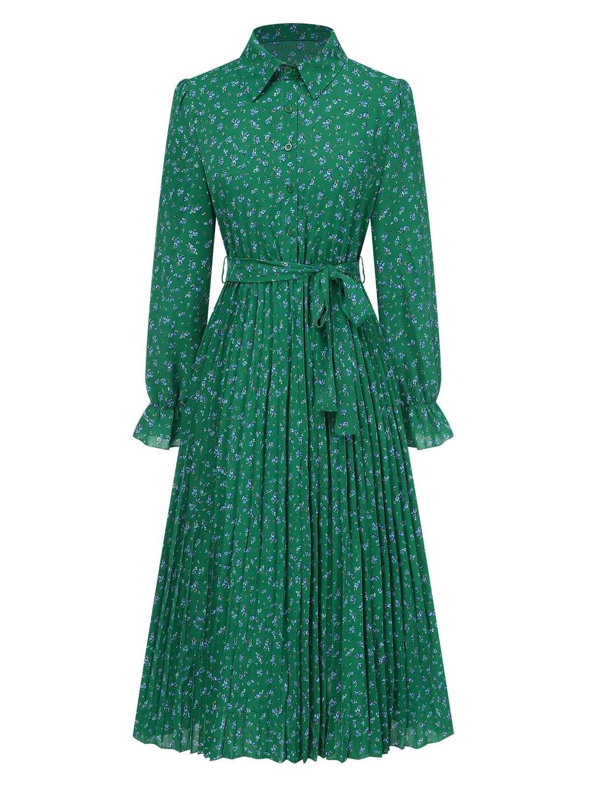1940s Ditsy Floral Pleated Shirt Belted Dress - Image 9