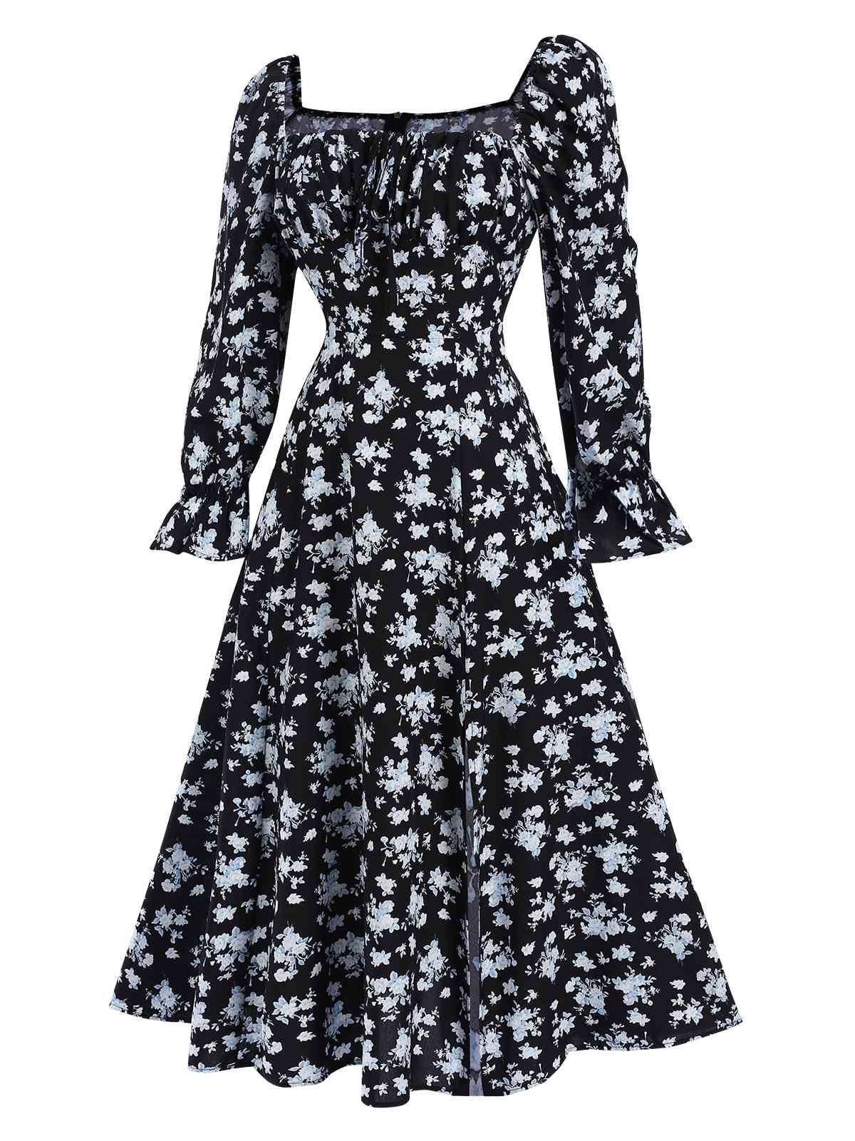 1940s Drawstring Slit Square Neck Floral Dress - Image 2