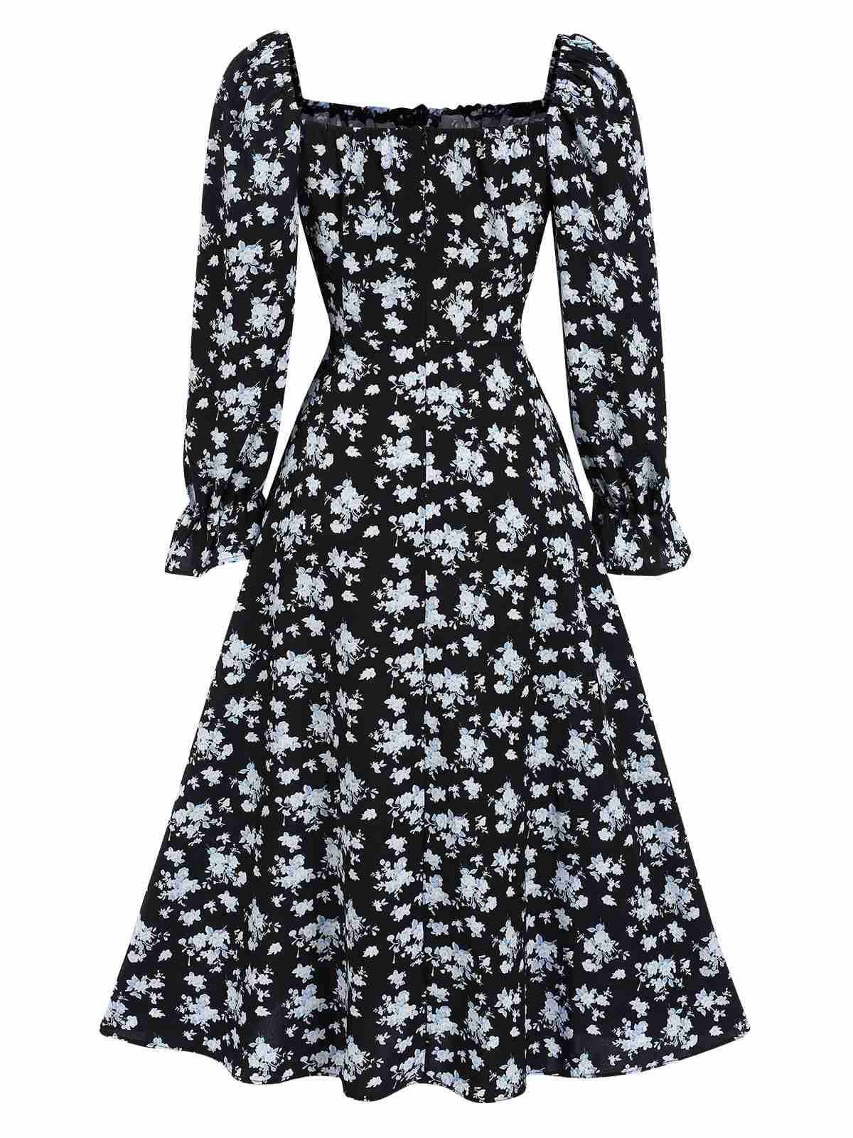 1940s Drawstring Slit Square Neck Floral Dress - Image 3