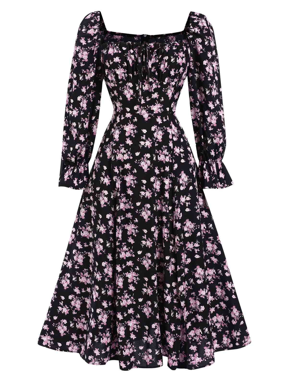 1940s Drawstring Slit Square Neck Floral Dress - Image 5