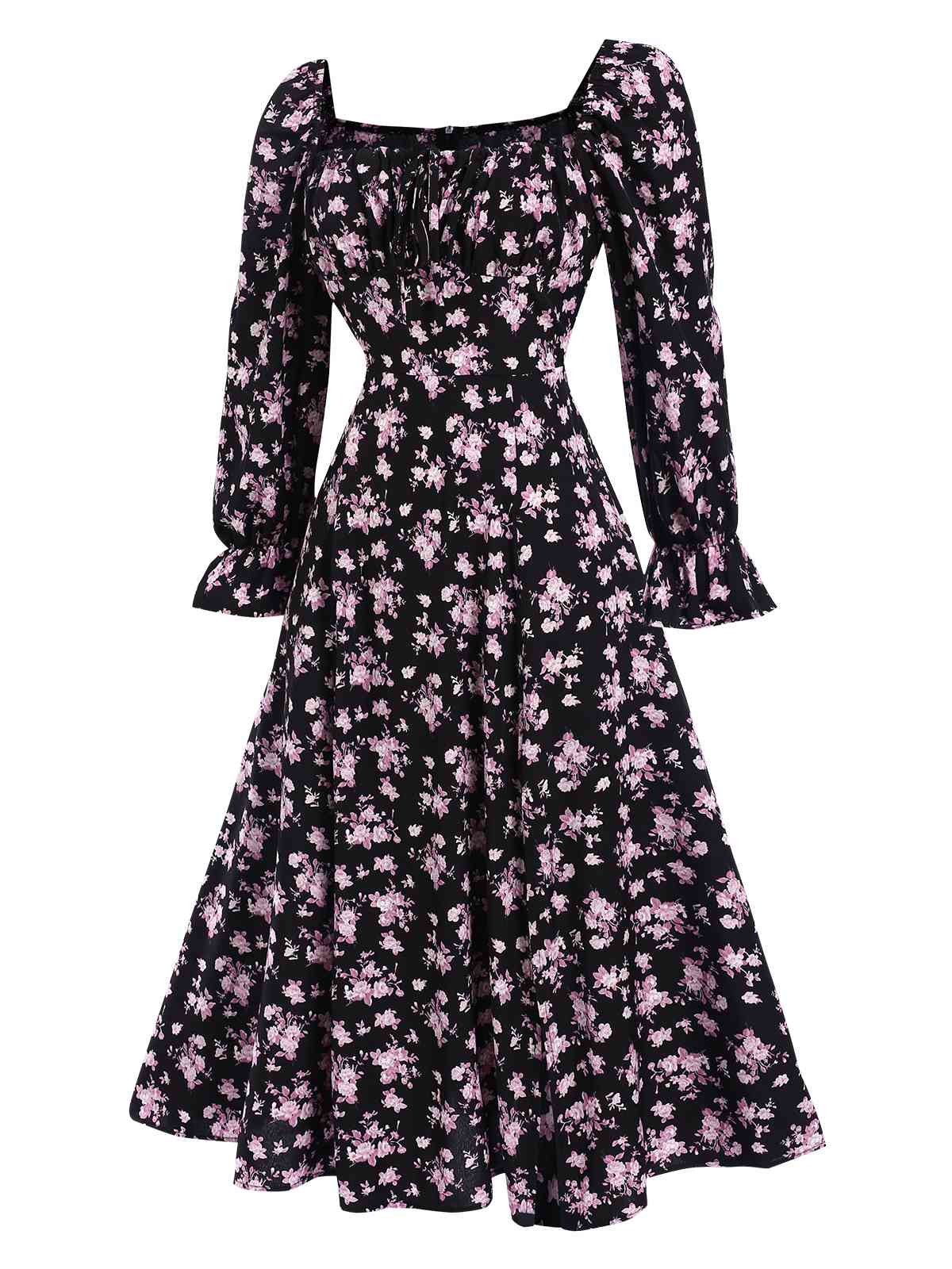 1940s Drawstring Slit Square Neck Floral Dress - Image 6