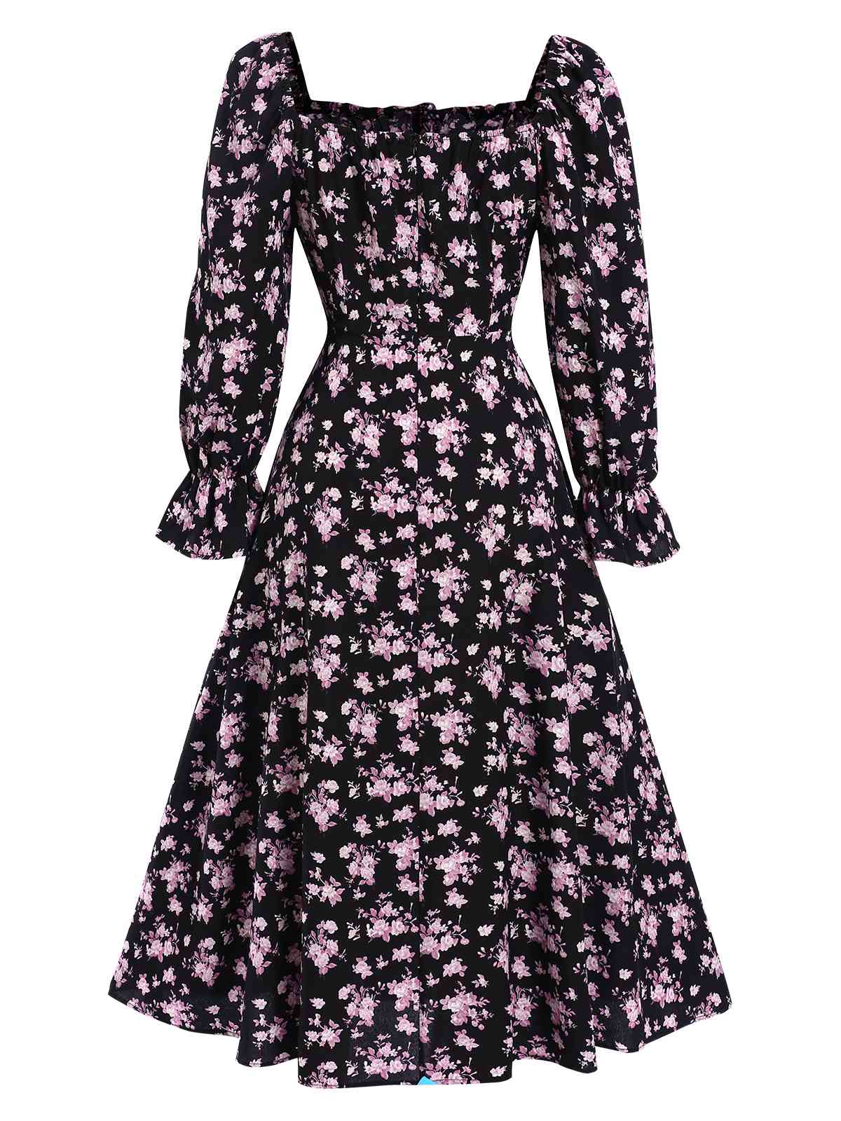 1940s Drawstring Slit Square Neck Floral Dress - Image 7