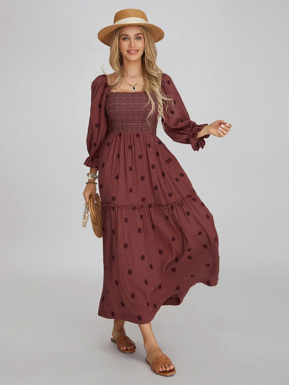1940s Embroidered Floral Lantern Sleeve Dress - Image 3