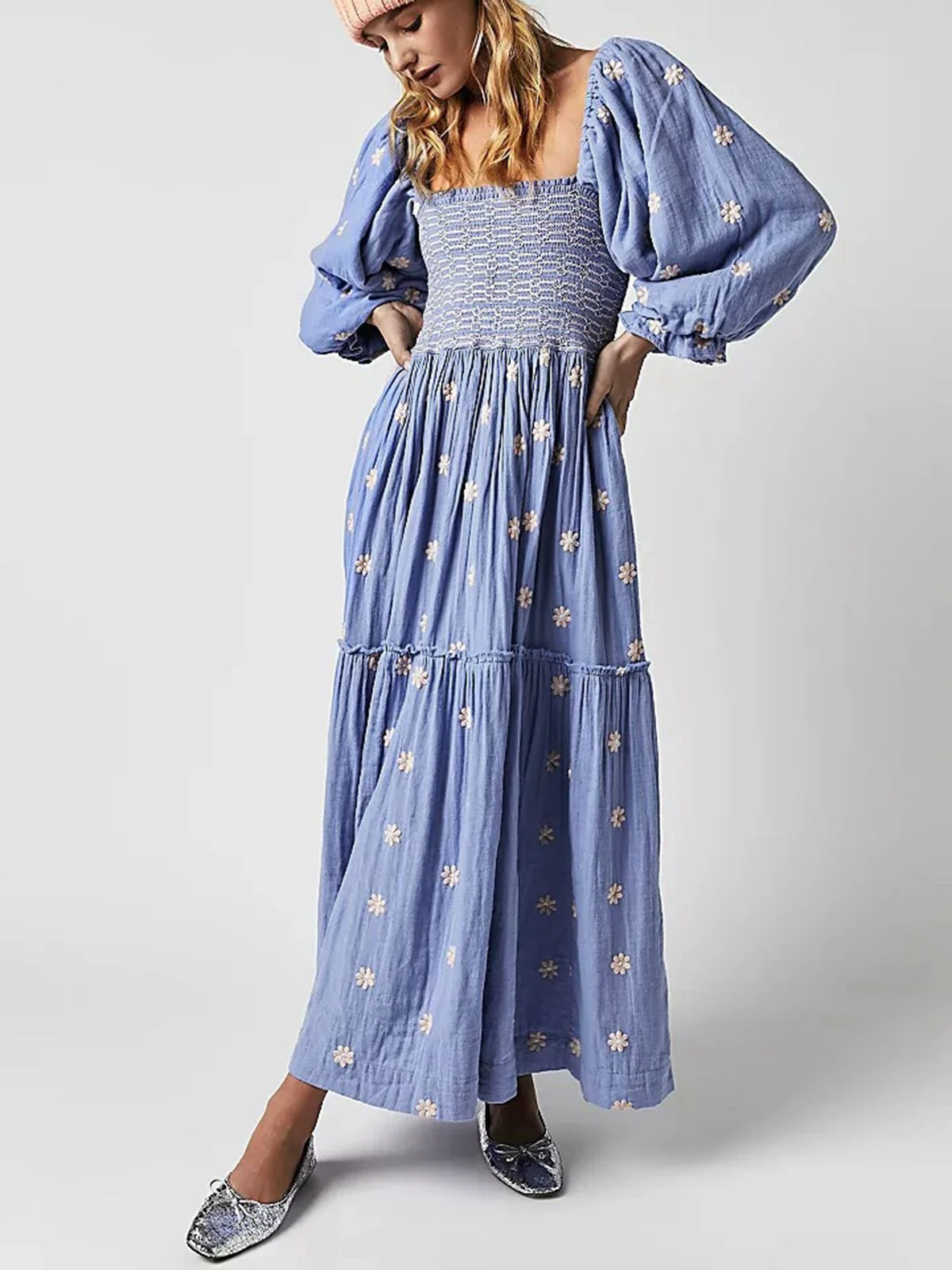 1940s Embroidered Floral Lantern Sleeve Dress - Image 7