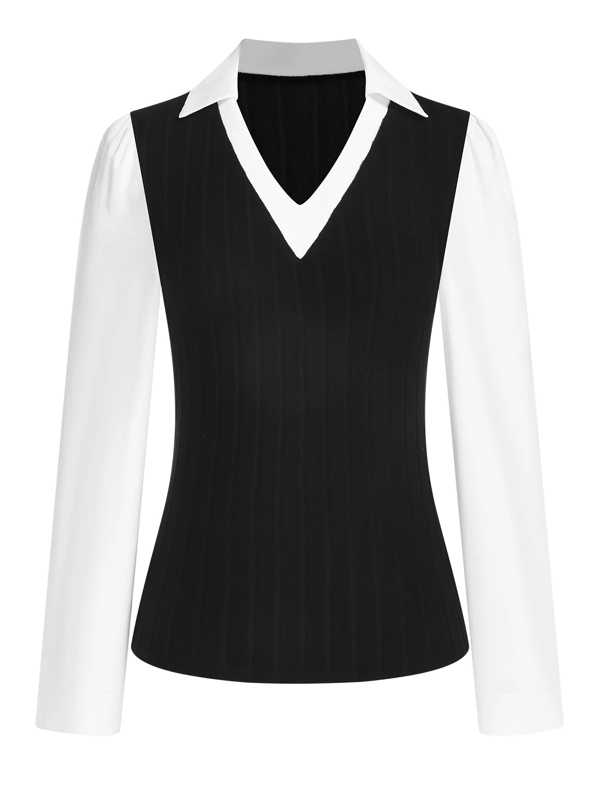 1940s Fleece Long-Sleeved V-Neck Ptachwork Blouse - Image 2