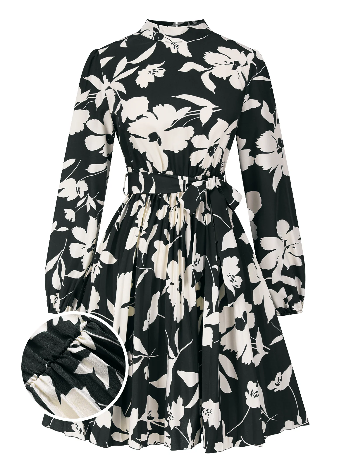 1940s Floral Belted Pleated Dress - Image 5
