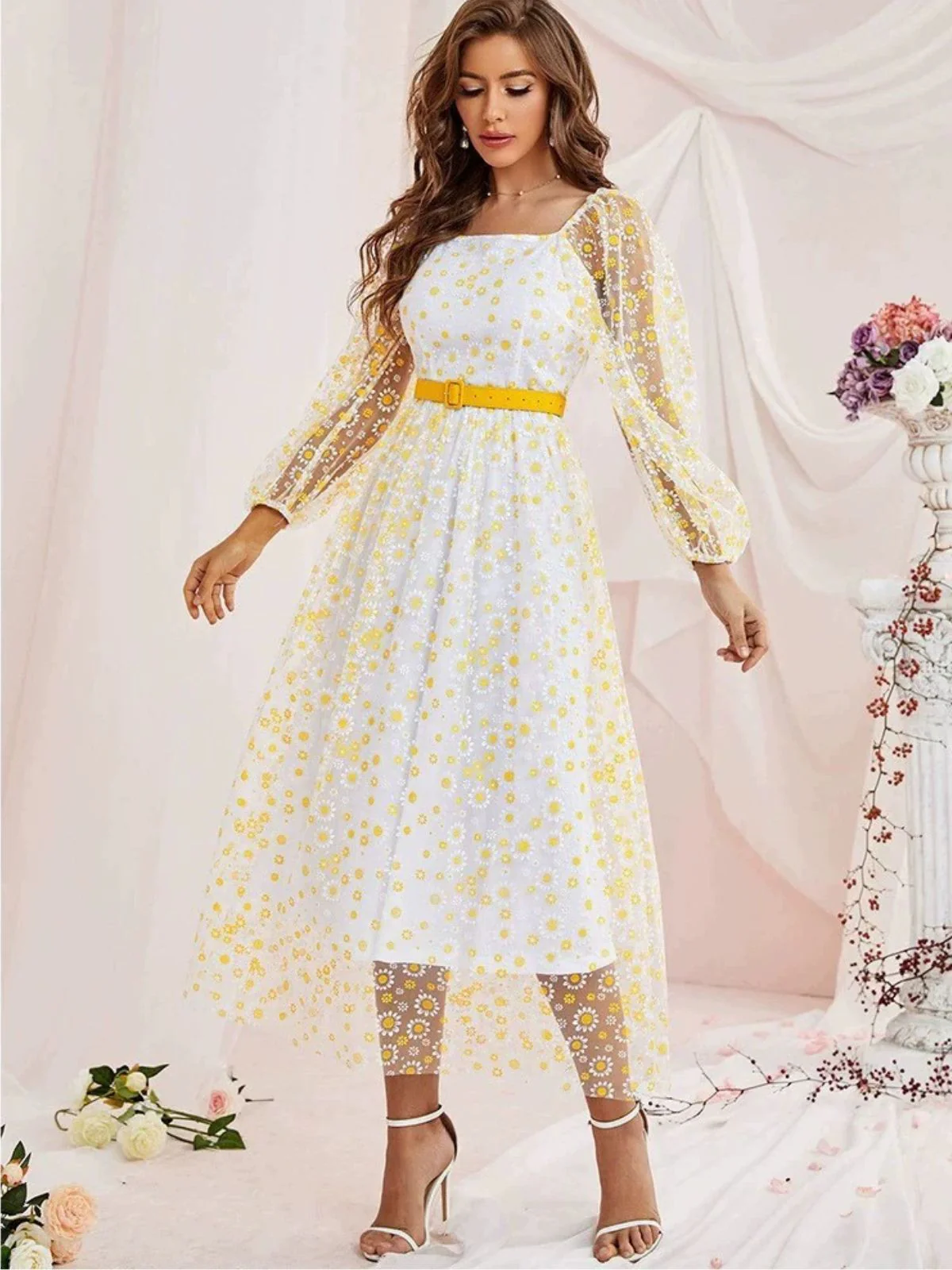 1940s Floral Illusion Square Neck Belt Dress - Image 11