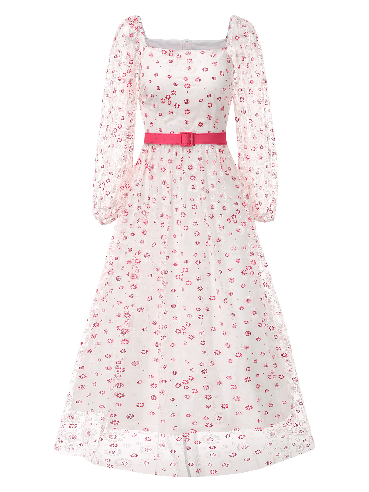 1940s Floral Illusion Square Neck Belt Dress - Image 2