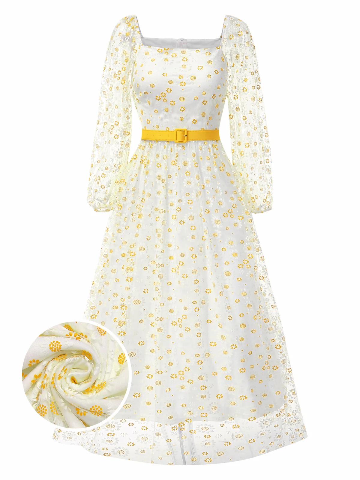 1940s Floral Illusion Square Neck Belt Dress - Image 8