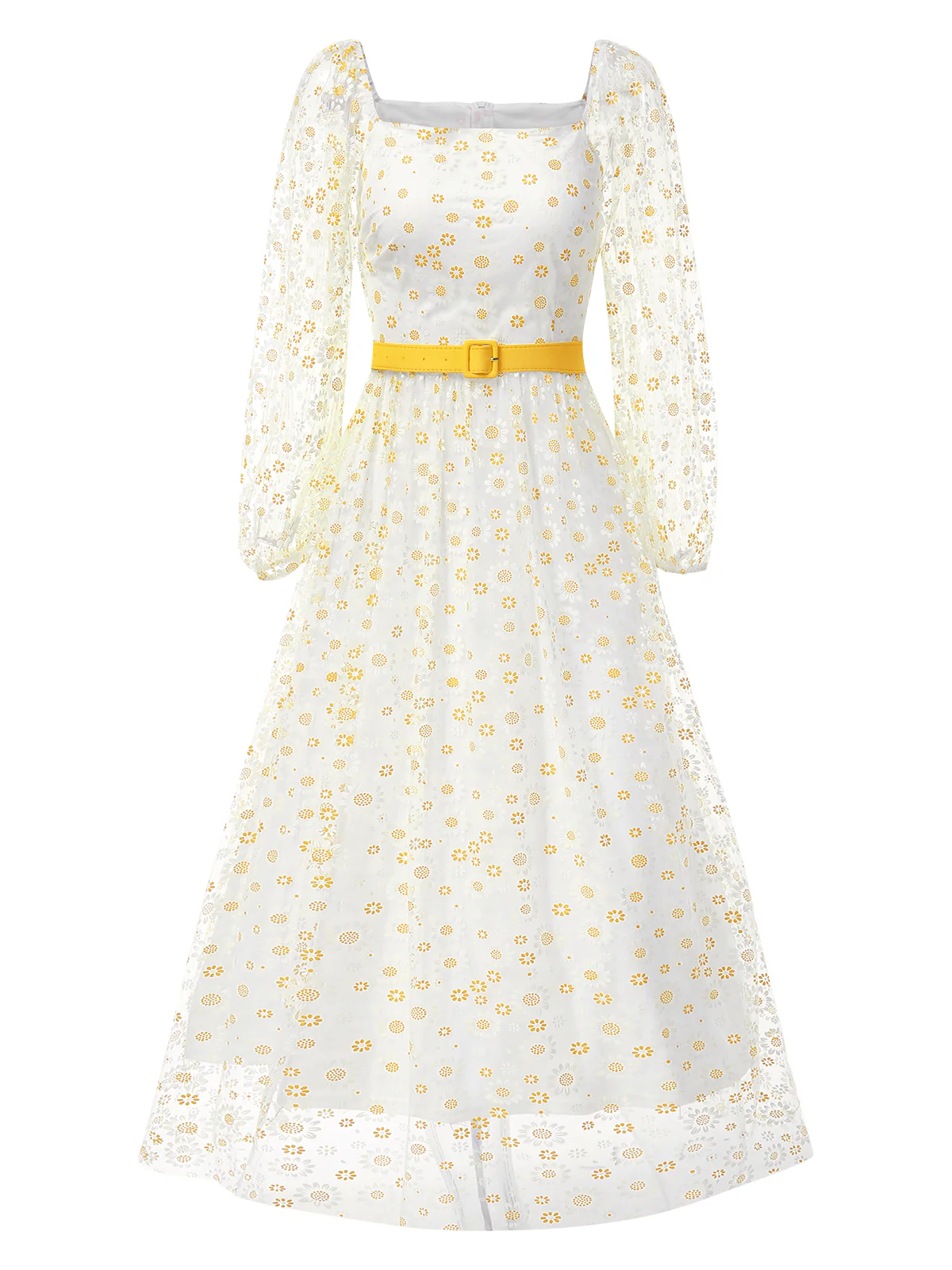 1940s Floral Illusion Square Neck Belt Dress - Image 9