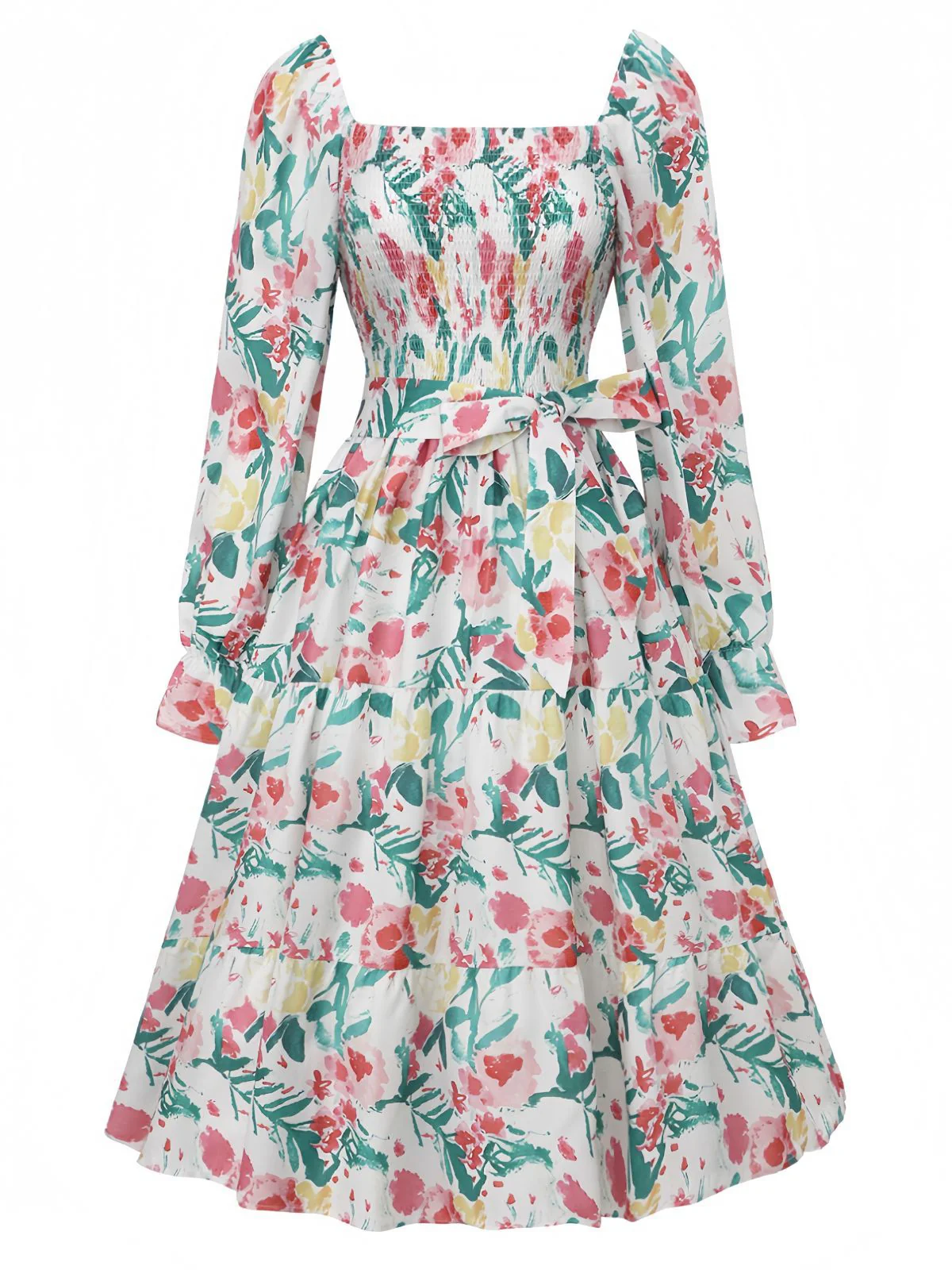 1940s Floral Lace-Up Square Neck Bell Sleeve Dress - Image 2