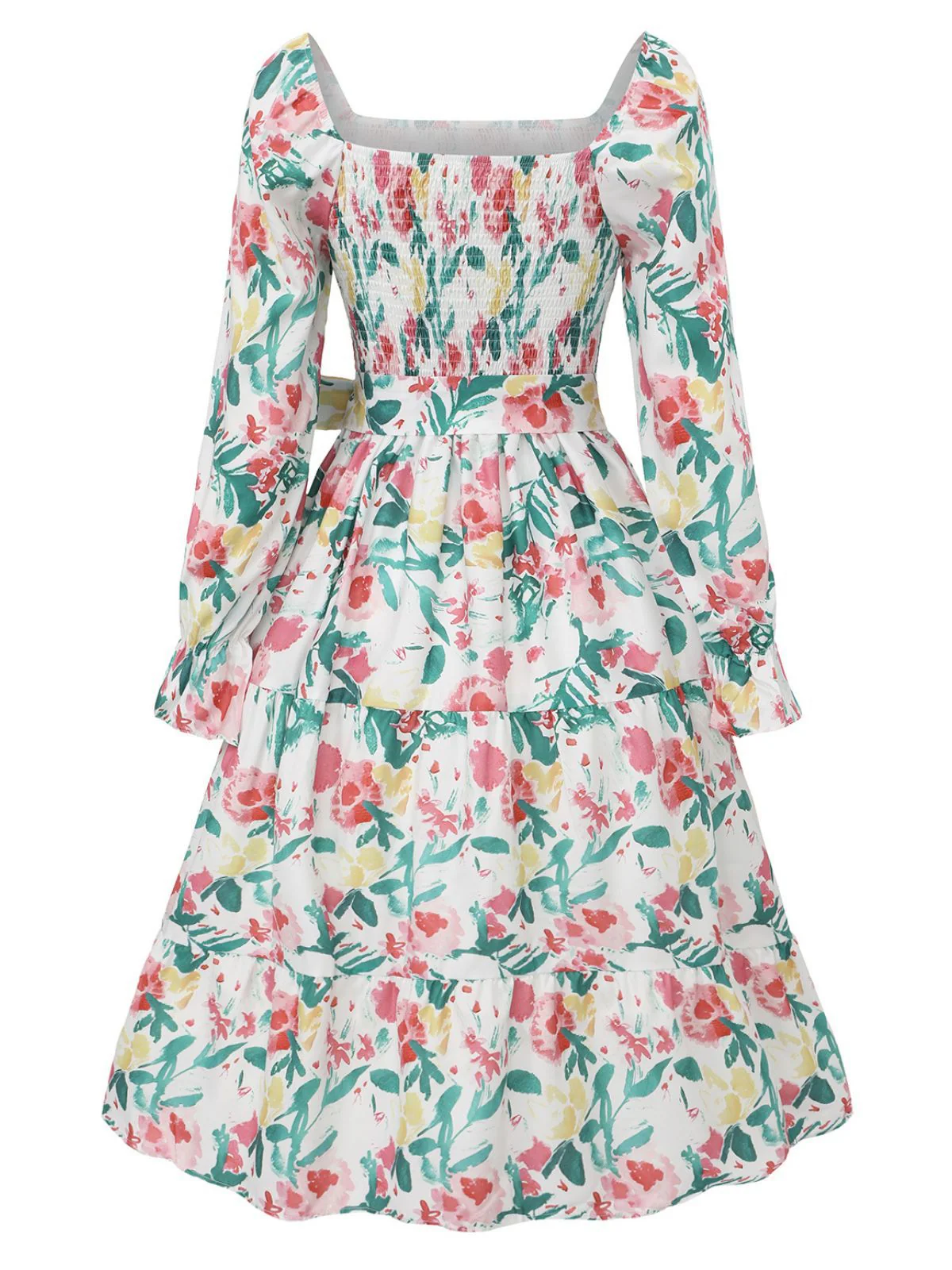 1940s Floral Lace-Up Square Neck Bell Sleeve Dress - Image 3