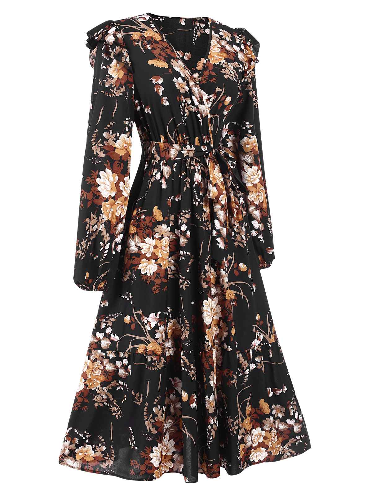 1940s Floral Print V-Neck Wrap Long Sleeve Dress - Image 3