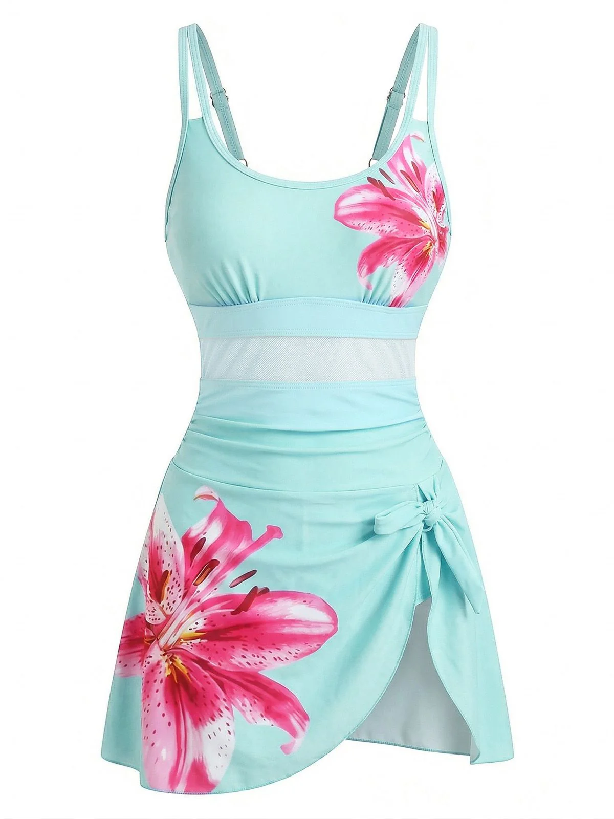 1940s Floral Strappy Scoop-Neck Tie Mesh Swim Dress - Image 2