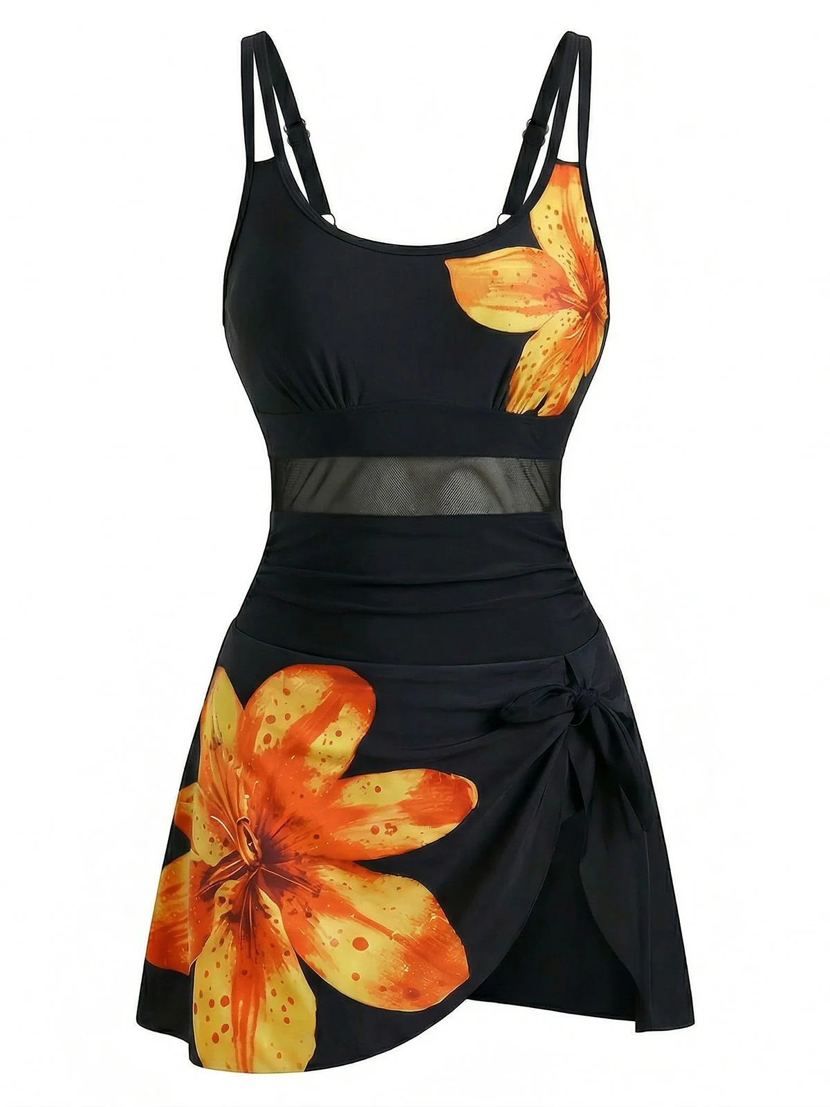 1940s Floral Strappy Scoop-Neck Tie Mesh Swim Dress - Image 4
