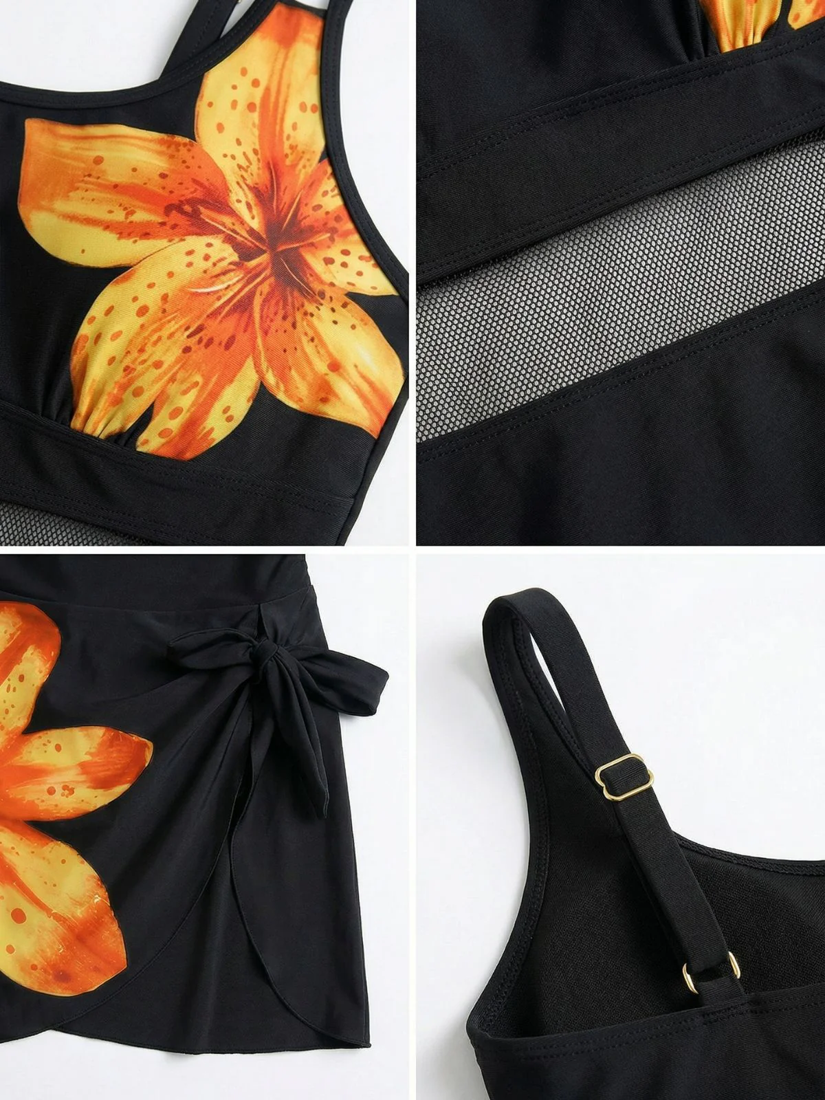 1940s Floral Strappy Scoop-Neck Tie Mesh Swim Dress - Image 5