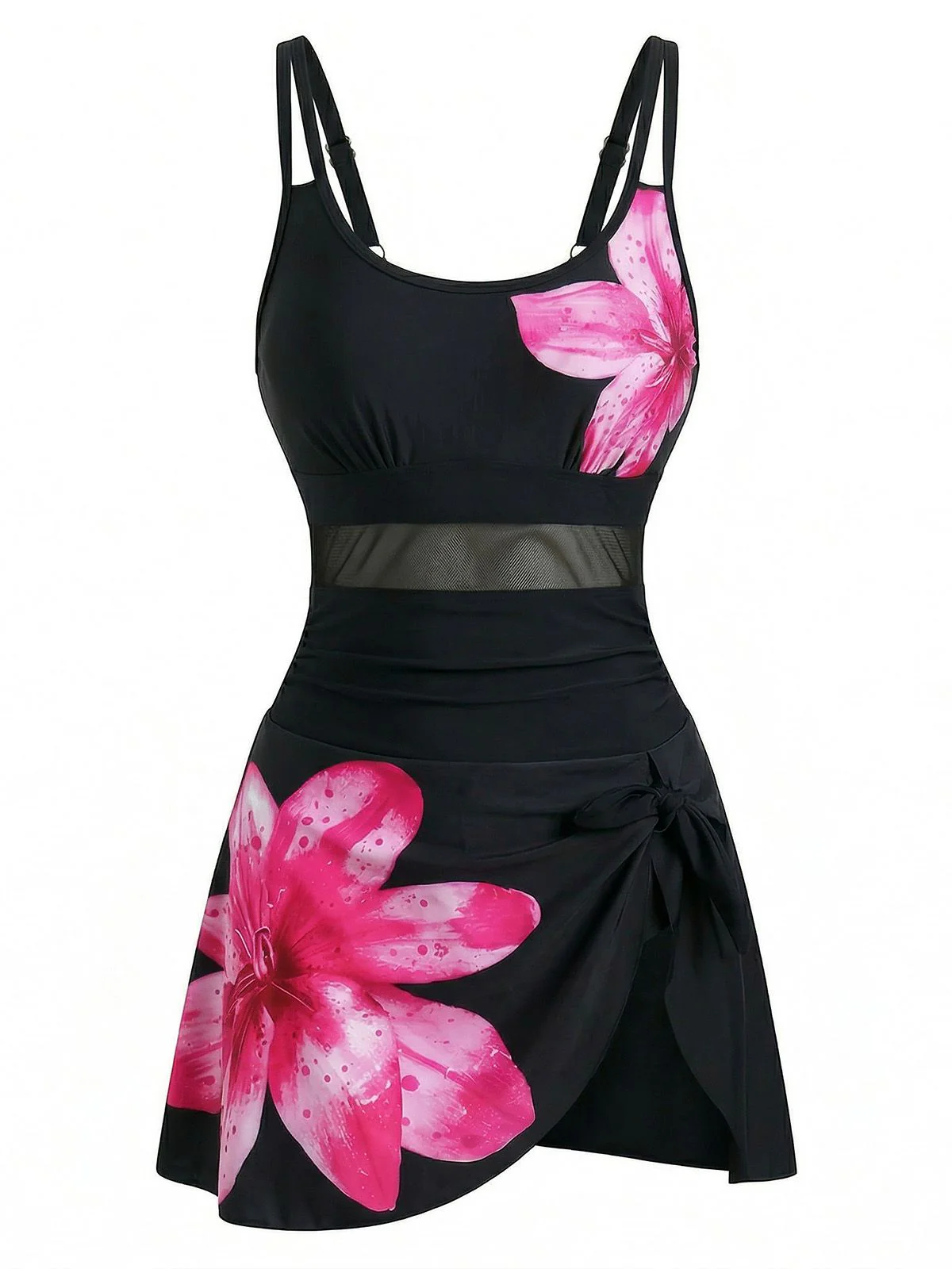 1940s Floral Strappy Scoop-Neck Tie Mesh Swim Dress - Image 7