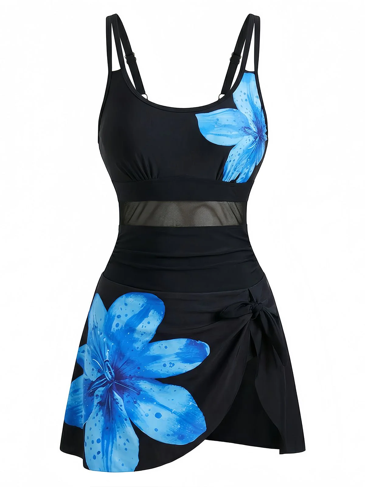 1940s Floral Strappy Scoop-Neck Tie Mesh Swim Dress - Image 8