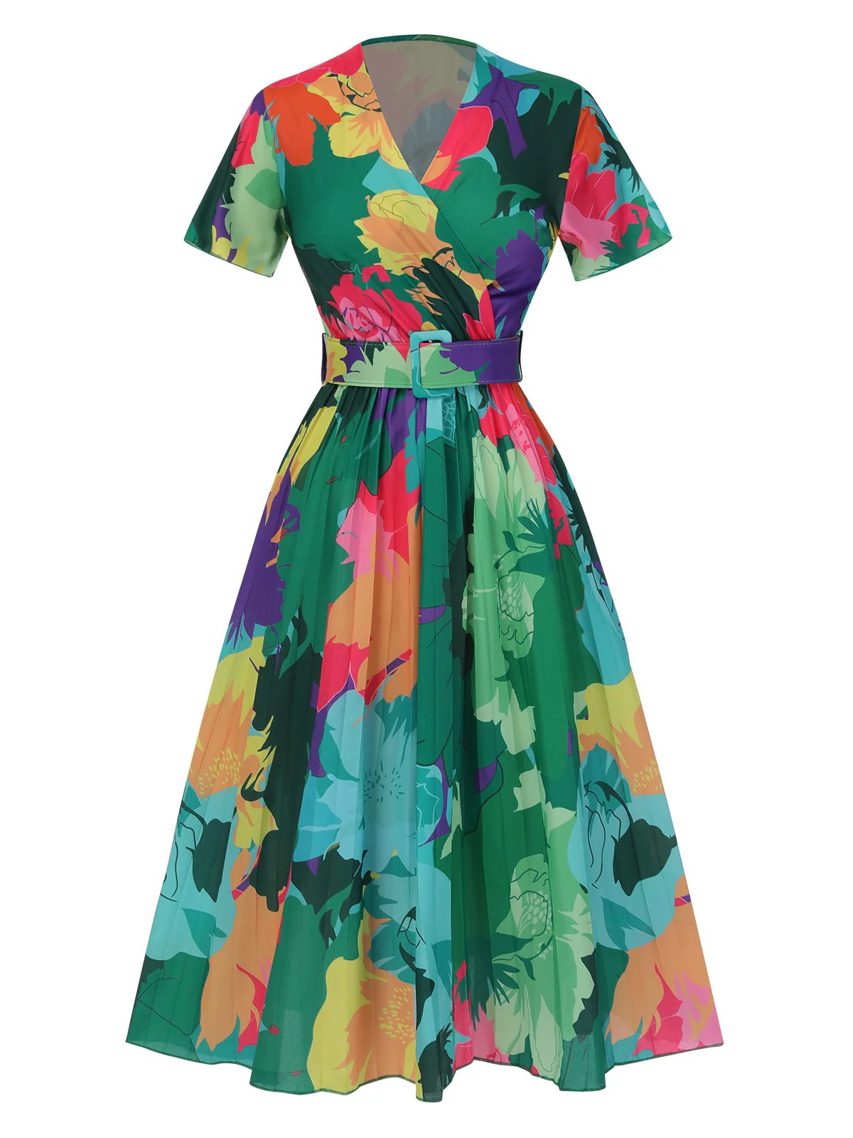 1940s Floral V-Neck Belt Dress - Image 2