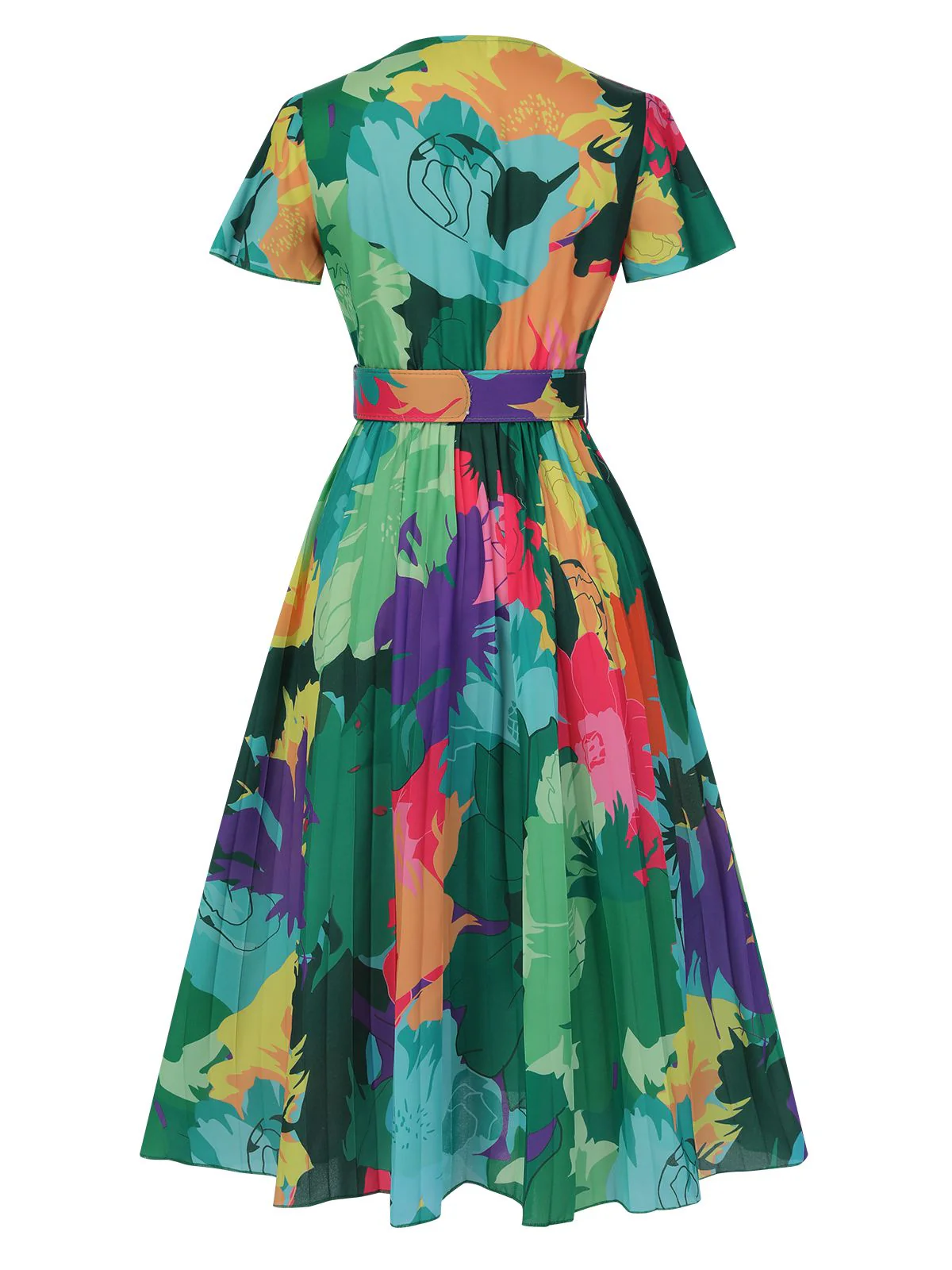 1940s Floral V-Neck Belt Dress - Image 3