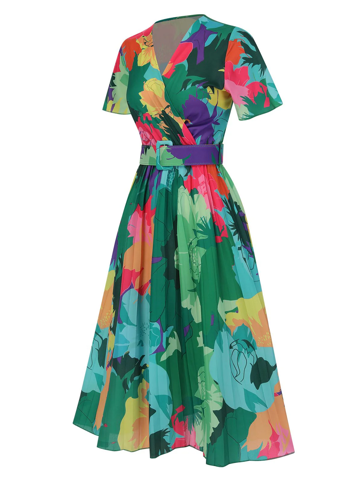 1940s Floral V-Neck Belt Dress - Image 4