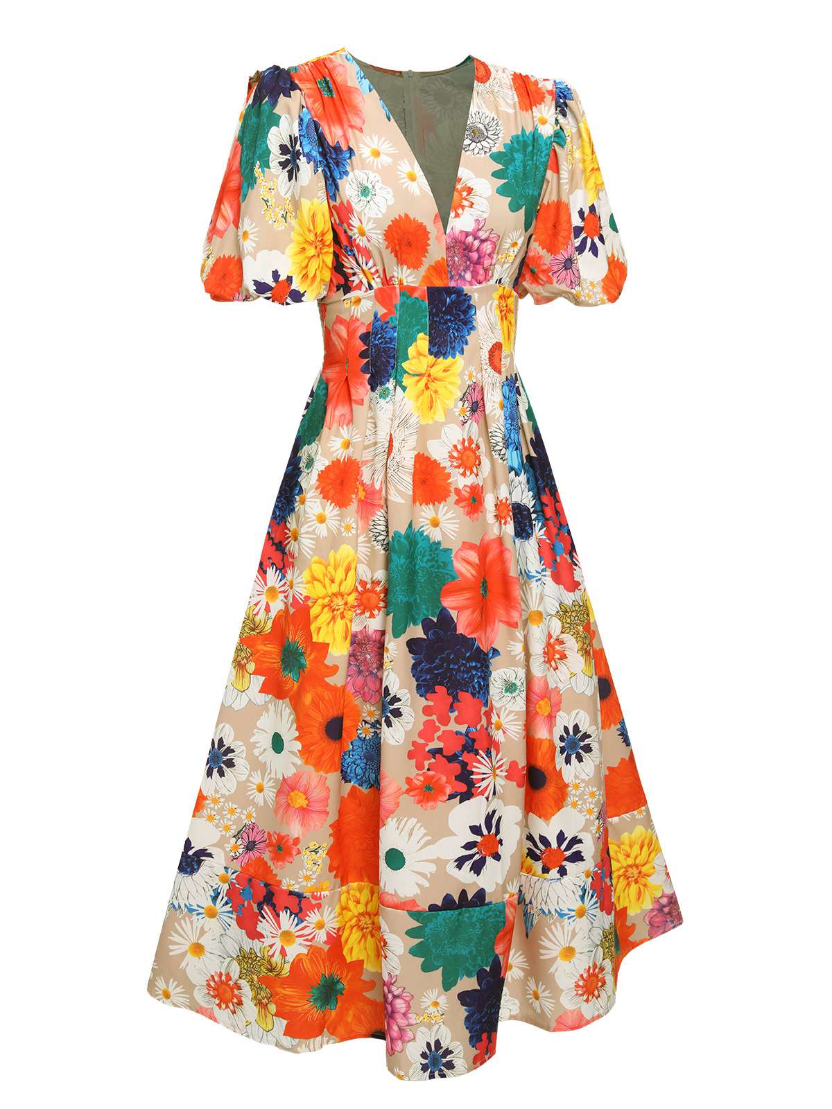 1940s Floral V-Neck Lantern Sleeve Dress - Image 2